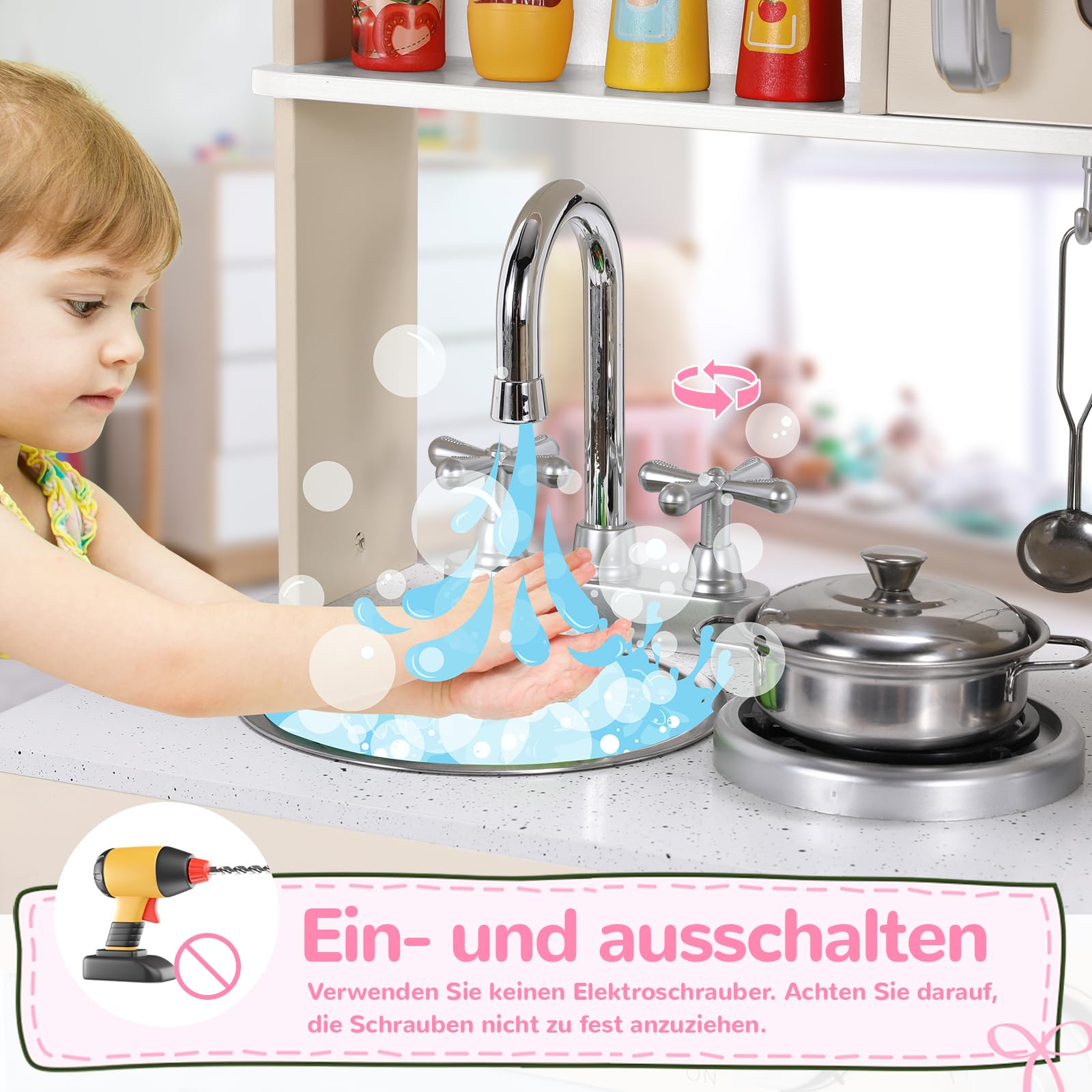 Cucina Legno per Bambini, Cucina Giocattolo per Bambini, Cucina per Bambini in Legno 81x74x30 cm, con Effetti Simulati di Luce e Suono, Dotata di Accessori da Cucina, Rosa