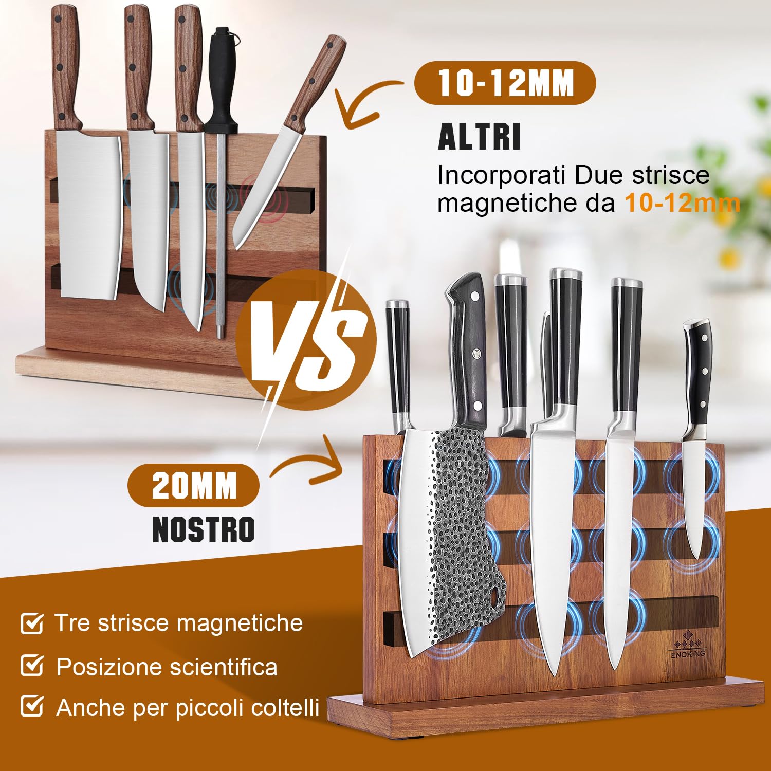 ENOKING Grand Porta Coltelli Cucina 38,6 x 23 cm, Portacoltelli da Cucina Doppio Lato Magnetico, Ceppo Coltelli da Cucina Vuoto, Ceppo Portacoltelli Premium Magnetico Senza Coltelli - Acacia