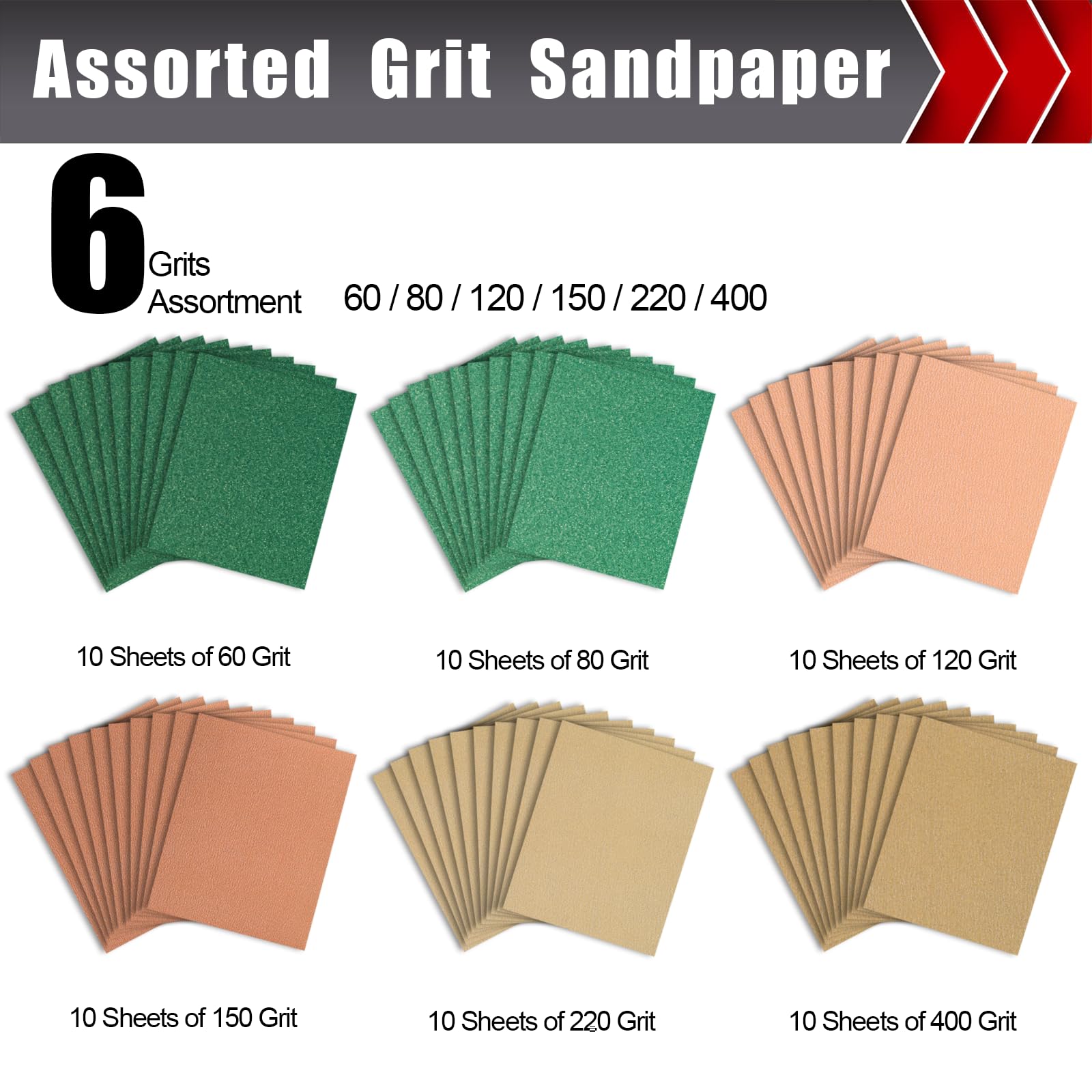 BOSHCRAFT 60 piezas de papel de lija de alta calidad, 23 x 28 cm para madera de metal muebles lijadora de mano acabado automotriz 60/80/120/150/220/400 grano surtido de papel de lija para uso