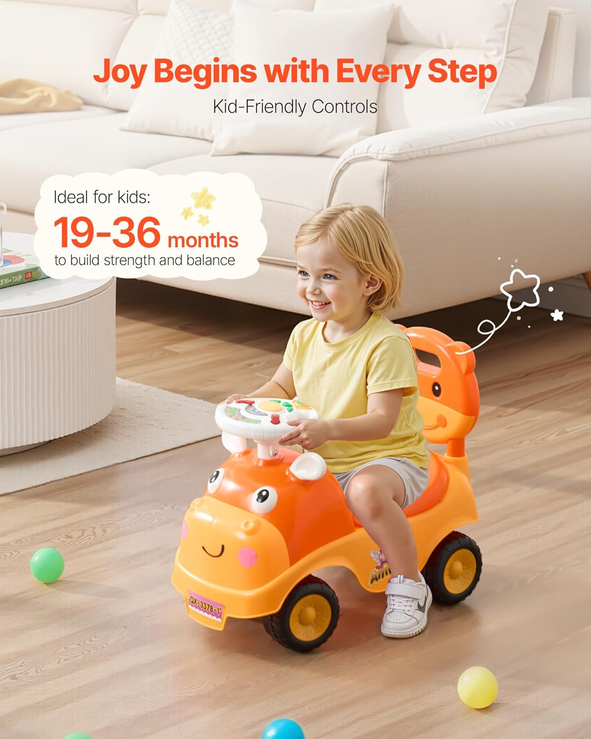 vevor ride on toddler push car, push car for toddler 19 to 36 months, kids ride on toy with horn & music, 48.5 lbs load capacity, under-seat storage, foot-to-floor walker for toddlers boys girls colorful