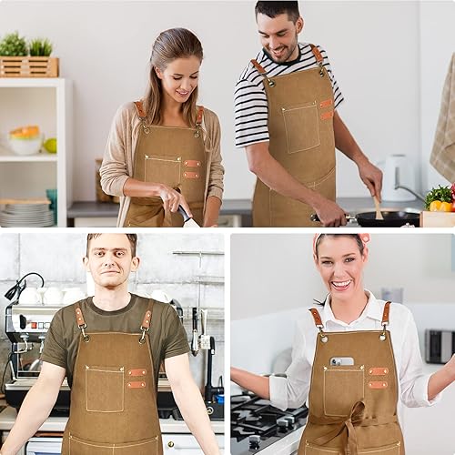 Miniatura 6 de Delantal de chef para hombres y mujeres, delantales de lona con 3 bolsillos traseros cruzados, delantal de trabajo resistente para cocinar