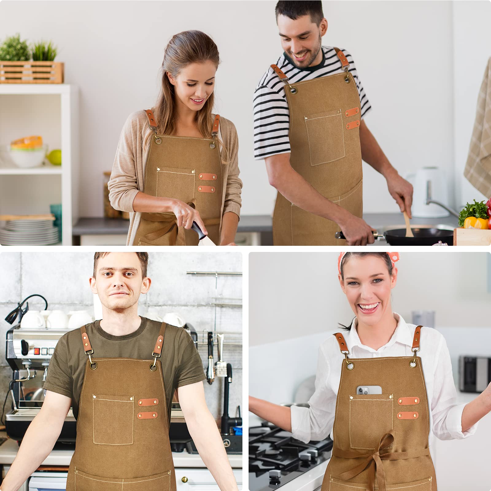 OUNLEN Delantal de chef para hombres y mujeres, delantales de lona con 3 bolsillos en la parte trasera cruzada, resistente a las gotas de agua, delantal de trabajo para cocinar, asar, hornear,