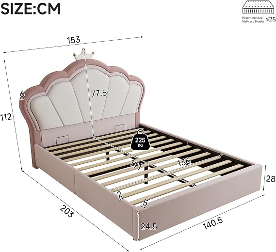 4ft6 Double Bed Frame with Hydraulic Storage, Upholstered Ottoman Bed with Wooden Slats, Princess Bed Frame with Crown Headboard for Girls, Velvet Fabric Gas Lift Up Storage Beds, No Mattress, Pink