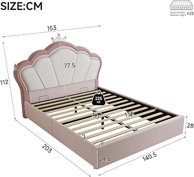 4ft6 Double Bed Frame with Hydraulic Storage, Upholstered Ottoman Bed with Wooden Slats, Princess Bed Frame with Crown Headboard for Girls, Velvet Fabric Gas Lift Up Storage Beds, No Mattress, Pink