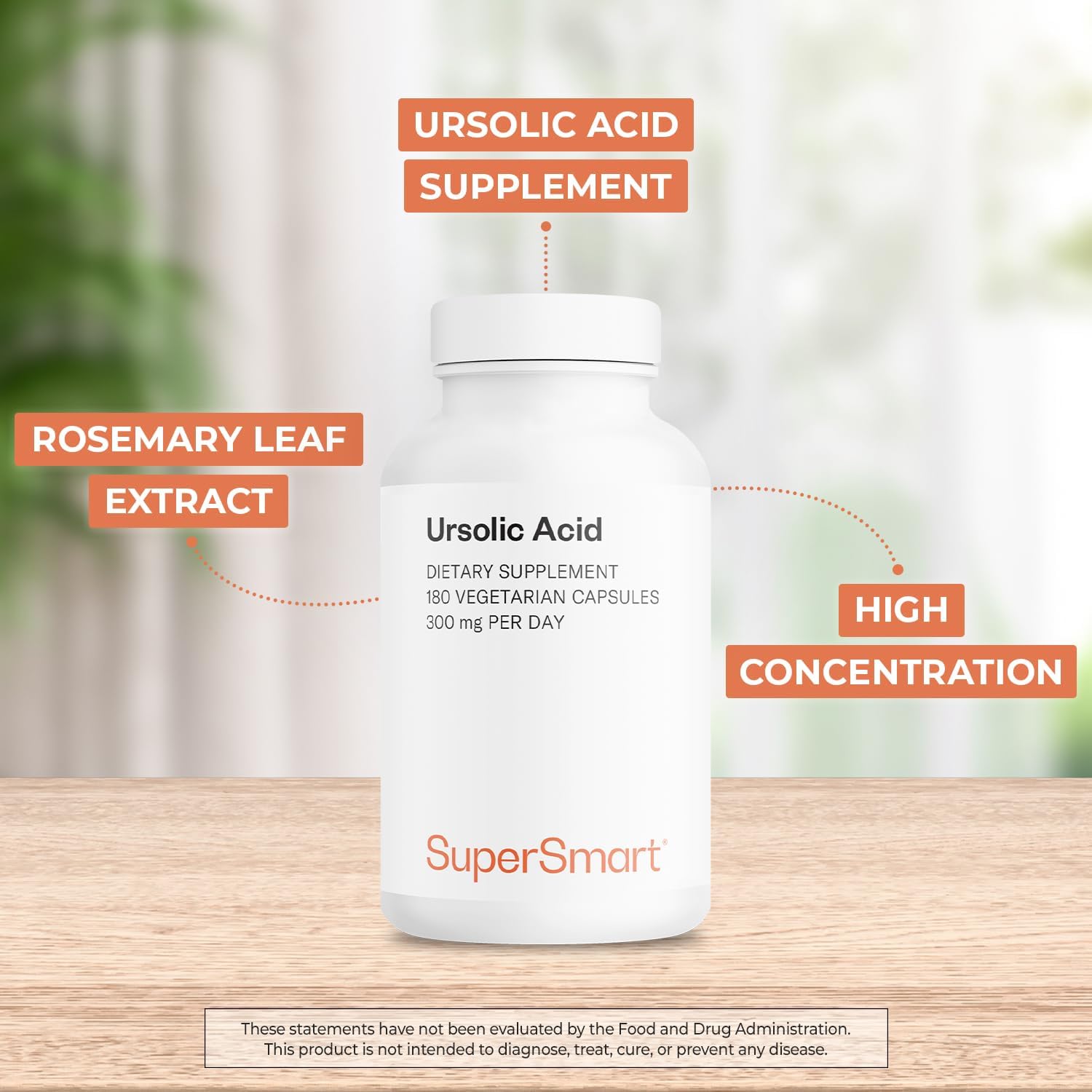 Supersmart Ursolic Acid 300mg per Day (Well-Tolerated) - Rosemary Leaf Extract Supplement | Non-GMO & Gluten-Free - 180 Vegetarian Capsules