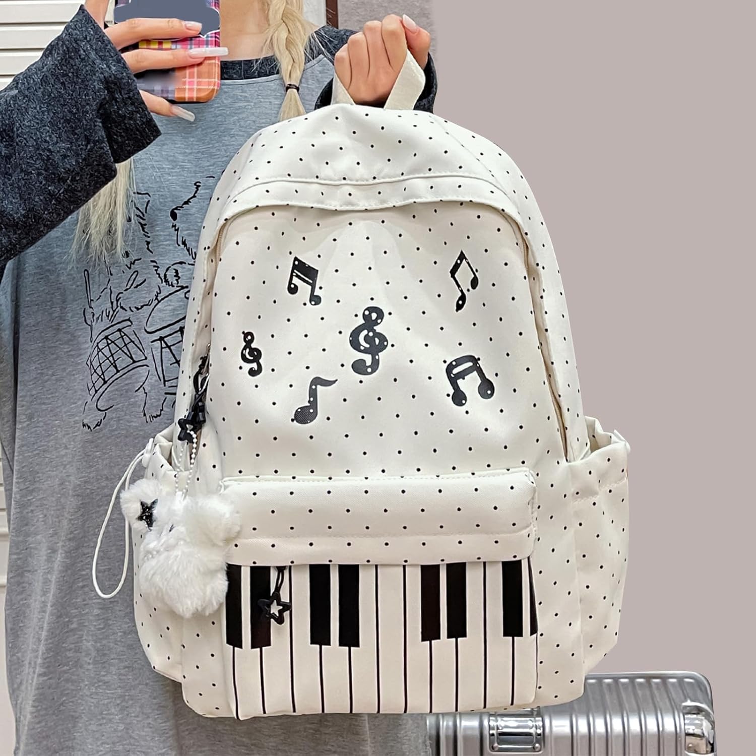 2Pcs Nylon Piano Aesthetic Backpack with Shoulder Bag Travel Daypack Bags Large Capacity for Teens Girls Women College Commute (White)