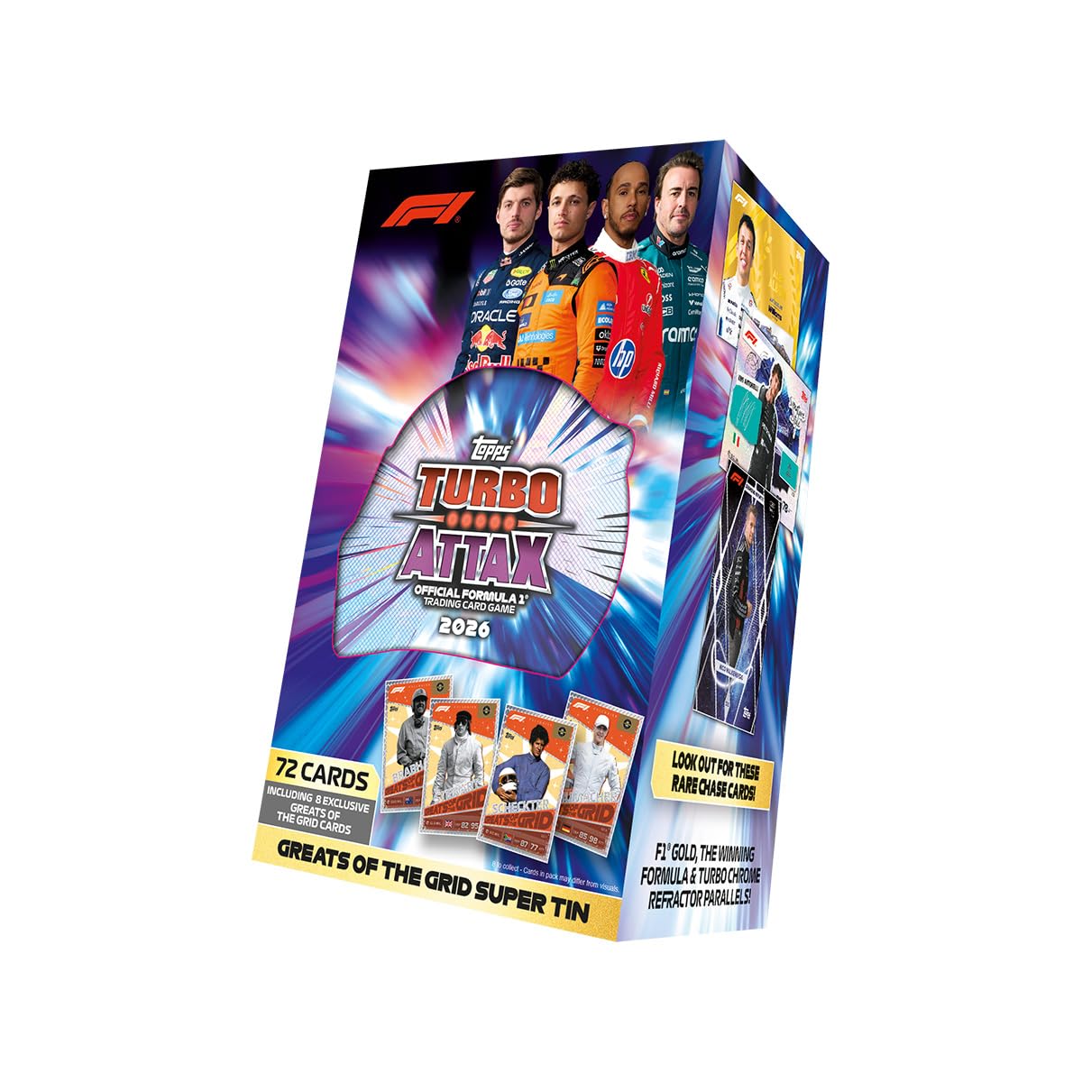 Bundle mit Turbo Attax Formel 1 2026-2 Verschiedene Mega Tins + 1 Super Tin + Exklusive Collect-it Hüllen