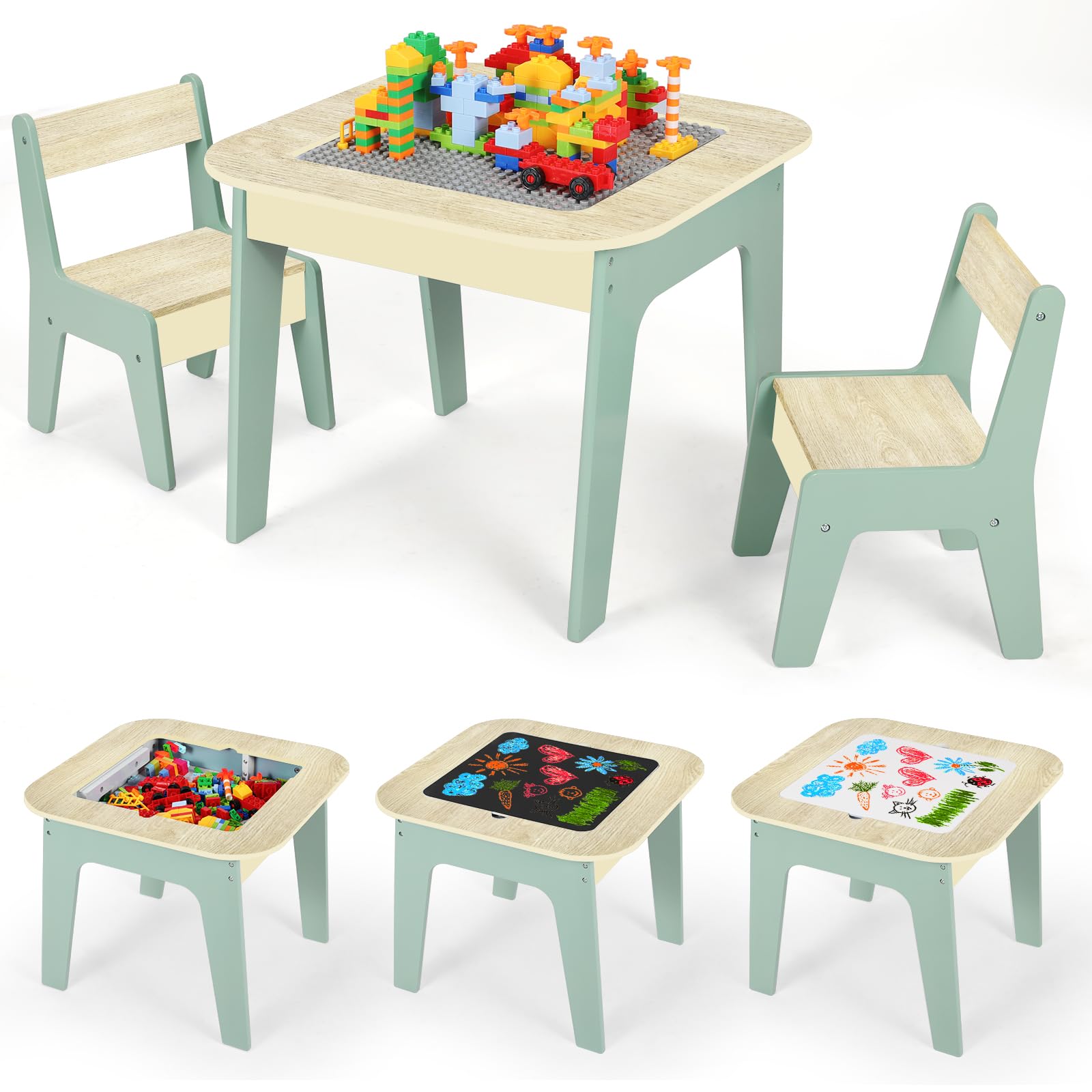 MAMIZO Table pour Enfant avec 2 pcs Chaises, Chaise et Table, Tableau Double Face, Ensemble de Table et Chaises,Tableau des Blocs de Construction,Bureau Enfant, Vert