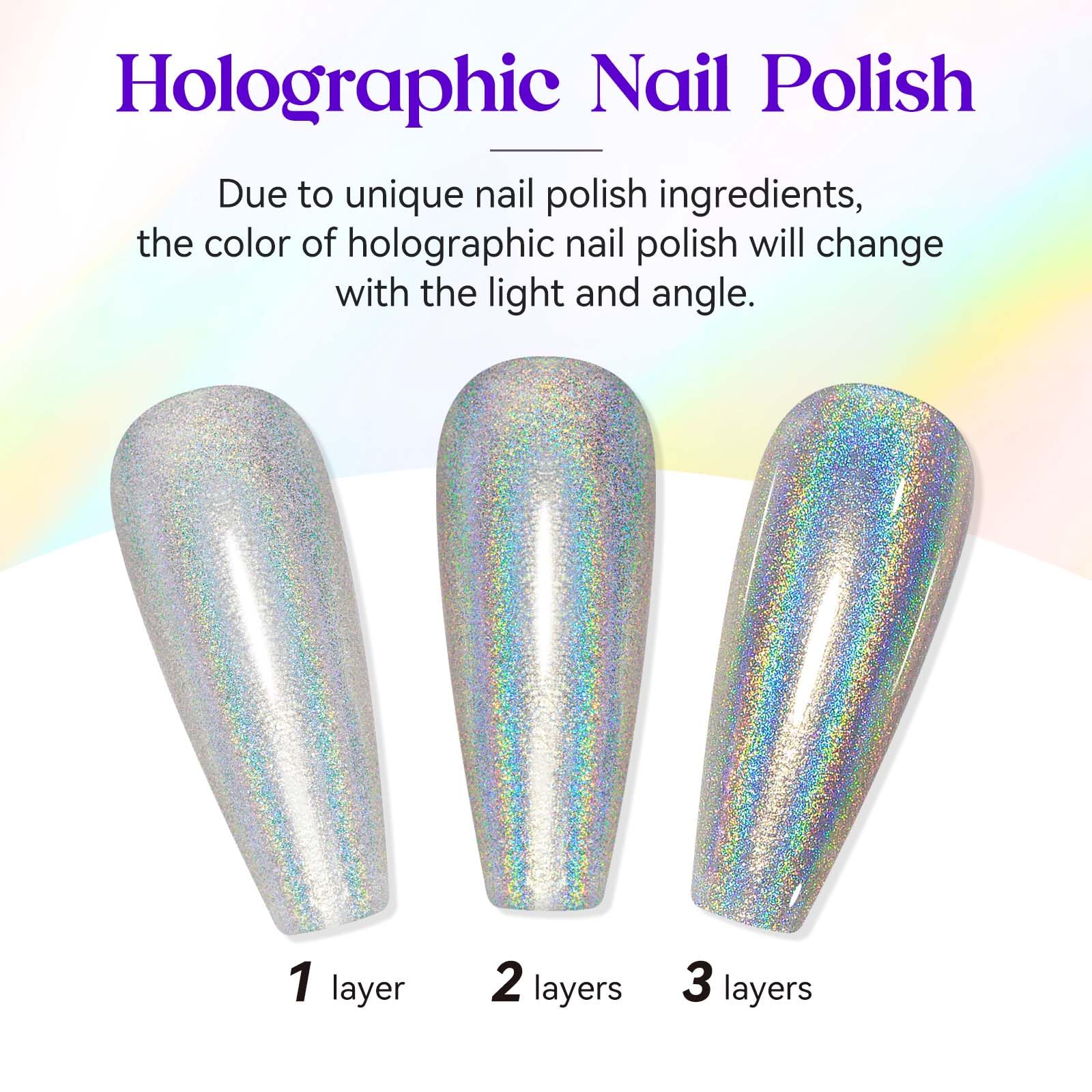 MIZHSE Holographic Nail Polish, Silver Glitter Nail Polish Air Dry Fast, 15 ml 0.5 fl oz High Glossy Shiny Nail Pigment Oil-based Laser Iridescent Nail Lacquer Chrome Halo Nail Art Salon Manicure Home