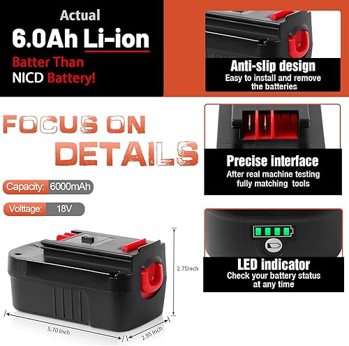 Miniatura 9 de TenHutt Batería de litio de iones de litio de 6.0 Ah  NO Ni-Mh  Batería de repuesto de 18 V para Black and Decker 18 V Batería 6.0Ah HPB18 HPB18-OPE