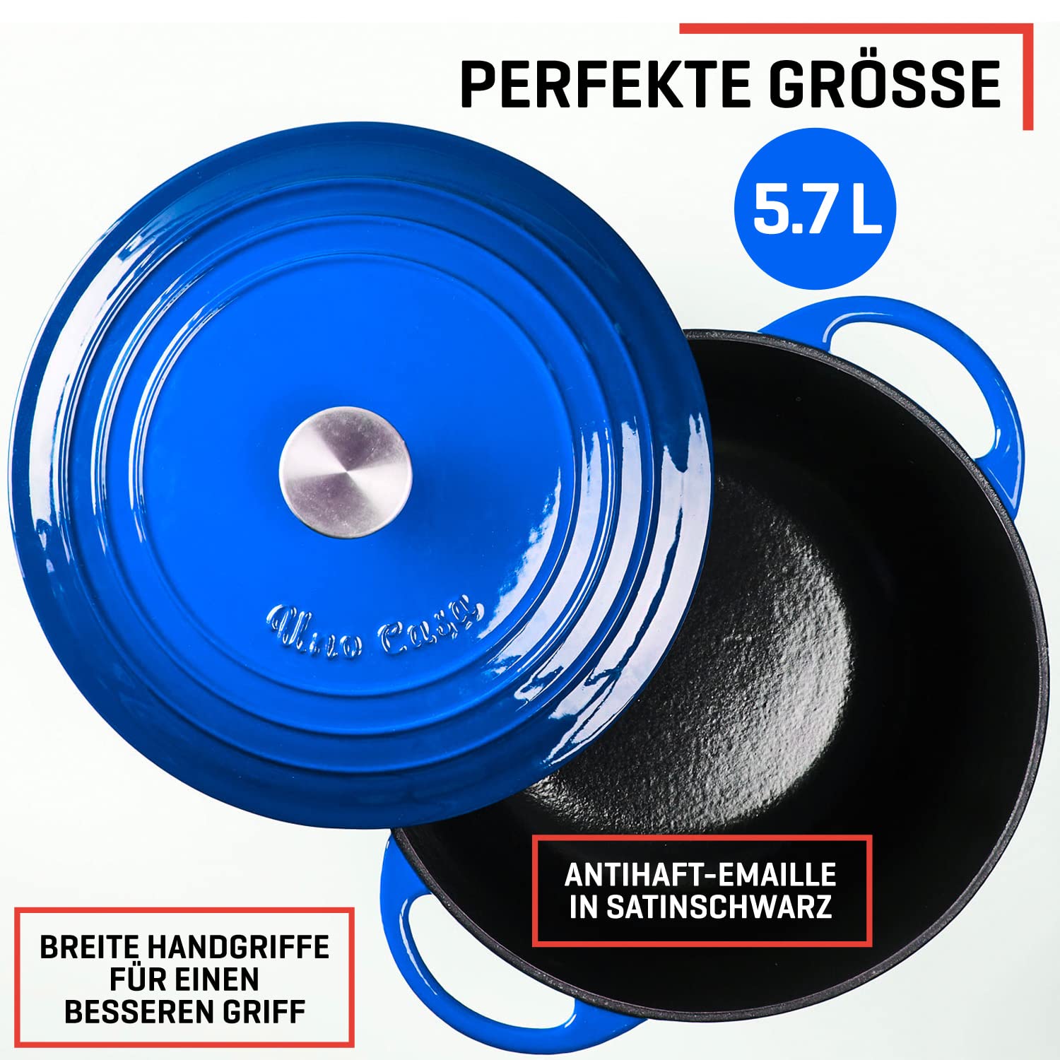 Uno Casa Blau Emaillierter Dutch Oven Gusseisen Topf - Dutch Oven 6 Liter Bräter mit Deckel, Langlebig, Natürliche Antihaft-Emaille-Beschichtung mit Silikongriffen und Untersatz