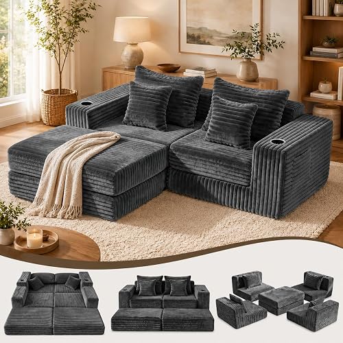 EROMMY 80" Cloud Modular Sectional Sofa, Boneless Corduroy Couch Sofa Bed with Cup Holders & Side Pockets, Reversible Chaise, Deep Seat, No Assembly, Grey