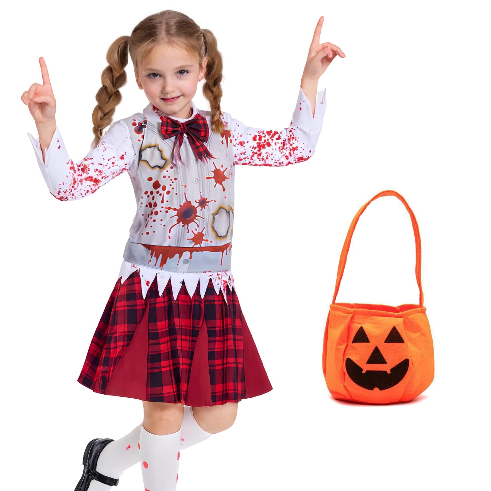 Joyincoser Zombie Schoolgirl Bloody Costume Girls with Pumpkin Carry Bags Scary Horror Fancy Dress for Halloween Carnival Party Dress Up (Medium)