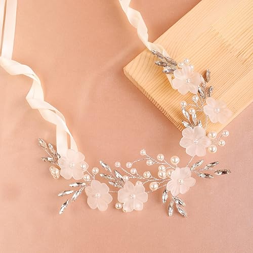 Miniatura 5 de Diadema de perlas blancas con diamantes de imitación de cristal de Rhineatone, diadema plateada hecha a mano, accesorios para el cabello de boda