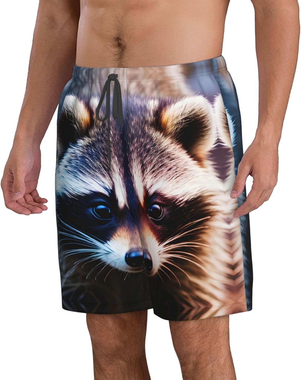 Little Raccoon Face Print Men's Quick-Drying Shorts Casual Beach Pants Stretch Waist Shorts and Pockets