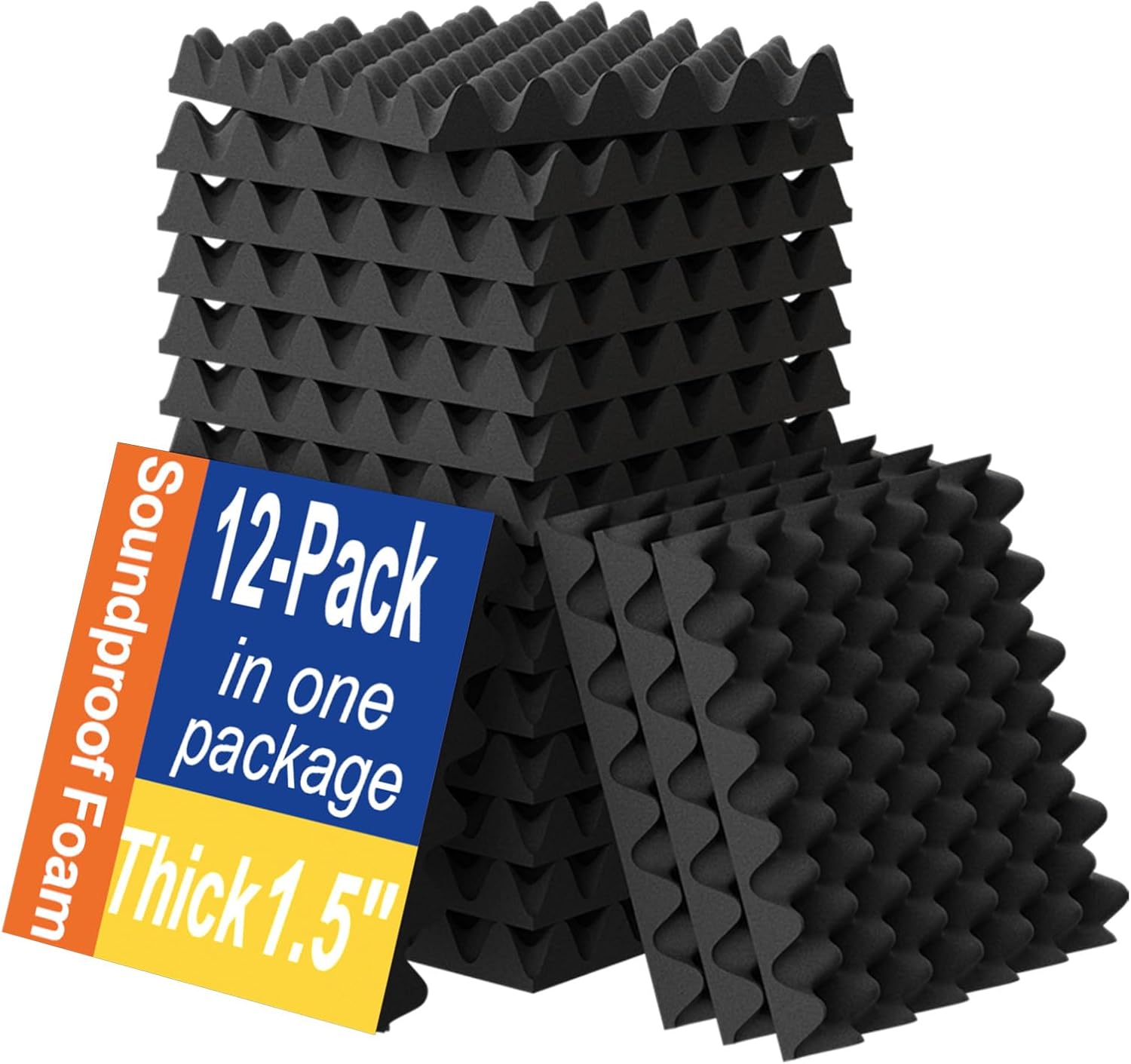12 Pack 1.5"X12"X12" Sound Proofing Egg Crate Foam Pad(Most Soundproofing Design), Upgraded Foam Padding, Fire-Retardent Sound Proof Panels for Walls, Made by WVOVW No Adhesive-12 Pack
