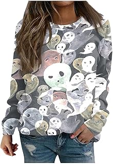 Ladies Halloween Sweatshirt UK Halloween Print Pullover Tops Women Long Sleeve Crewneck Sweatshirts Fashion Graphic Vintage Tops Plus Size Loose Sweatshirts for Women Halloween Costumes for Women