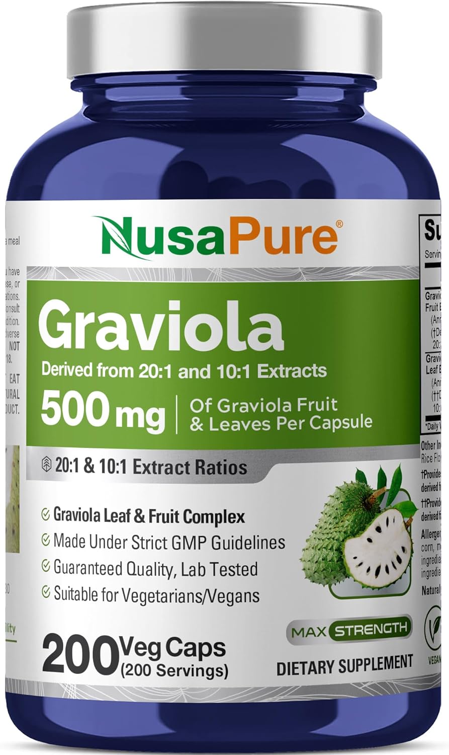 NusaPure Graviola Capsules, 500 mg, 200 Veg Capsules (Non-GMO, Vegan)