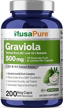 NusaPure Graviola Capsules, 500 mg, 200 Veg Capsules Non-GMO, Vegan