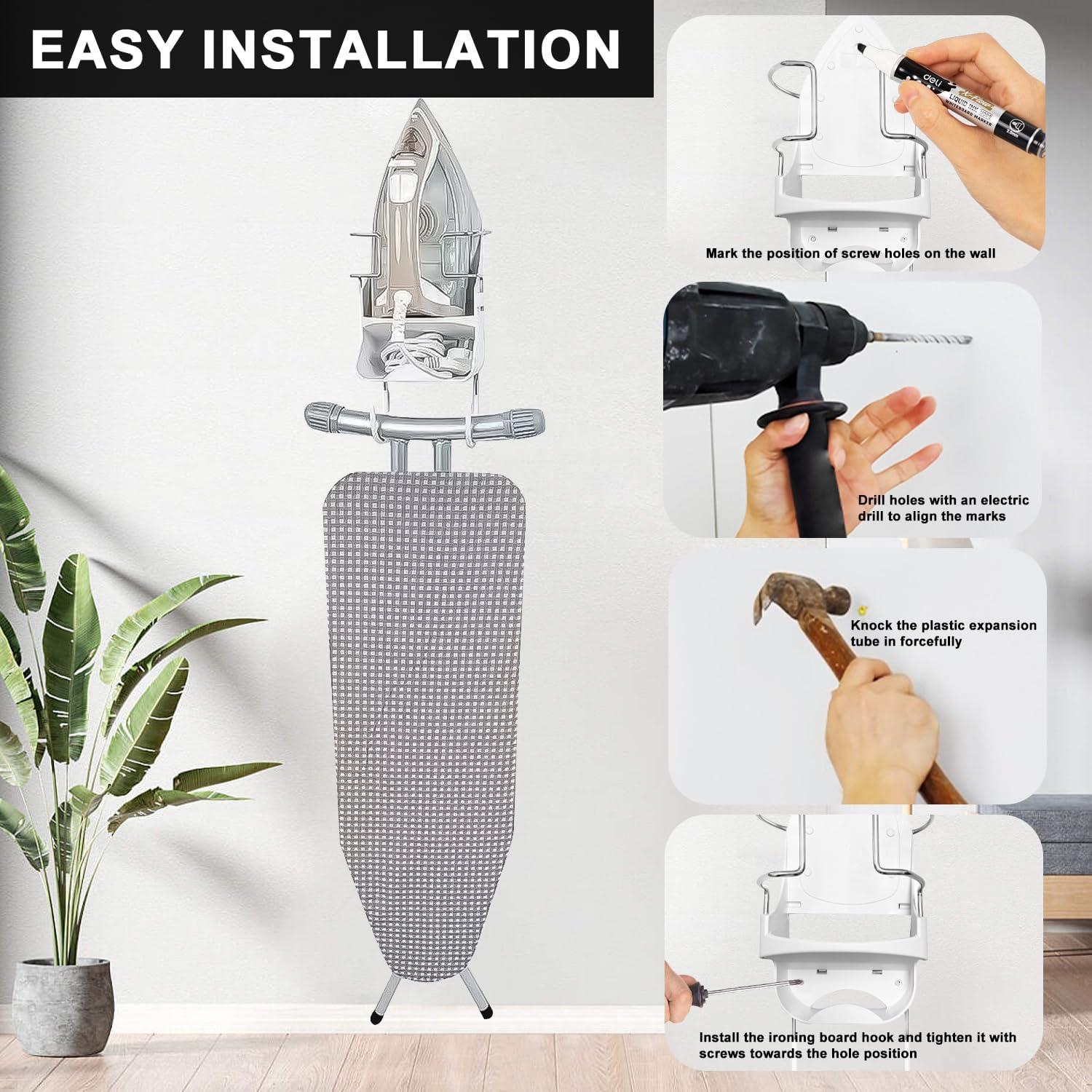 Ironing Board Hanger Wall Mount Iron Holder Iron and Ironing Board Storage Organizer Shelf with Removable Hooks for Laundry Room Bathroom Hotels