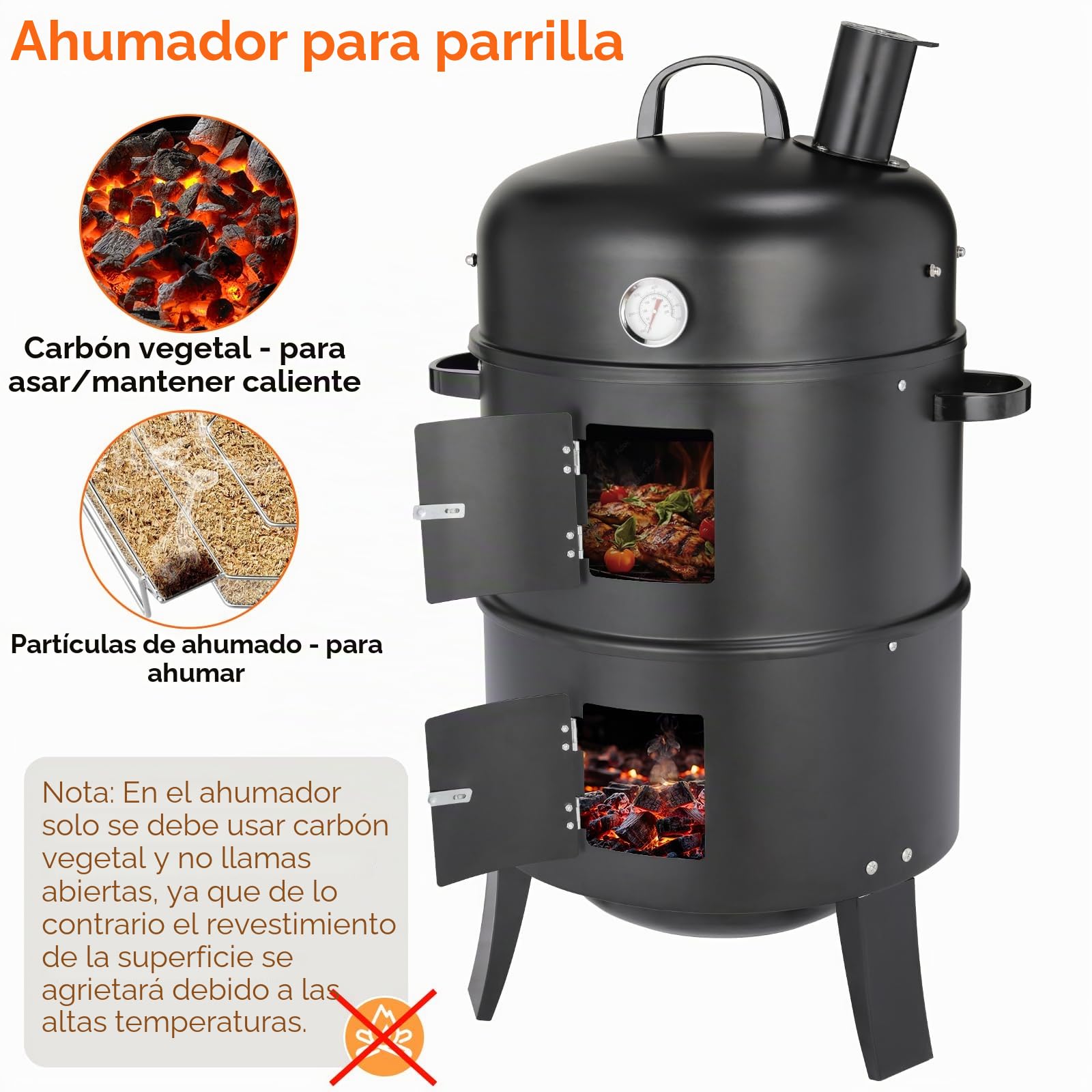 TLGREEN Horno Ahumador, Ahumador 3 en 1, Ahumador con Chimenea, Barbacoa de Carbón, con Termómetro, 2 Rejillas de Acero Inoxidable (φ 37,5 cm), Barbacoa Ahumadora para Ahumar, Asar y Cocinar