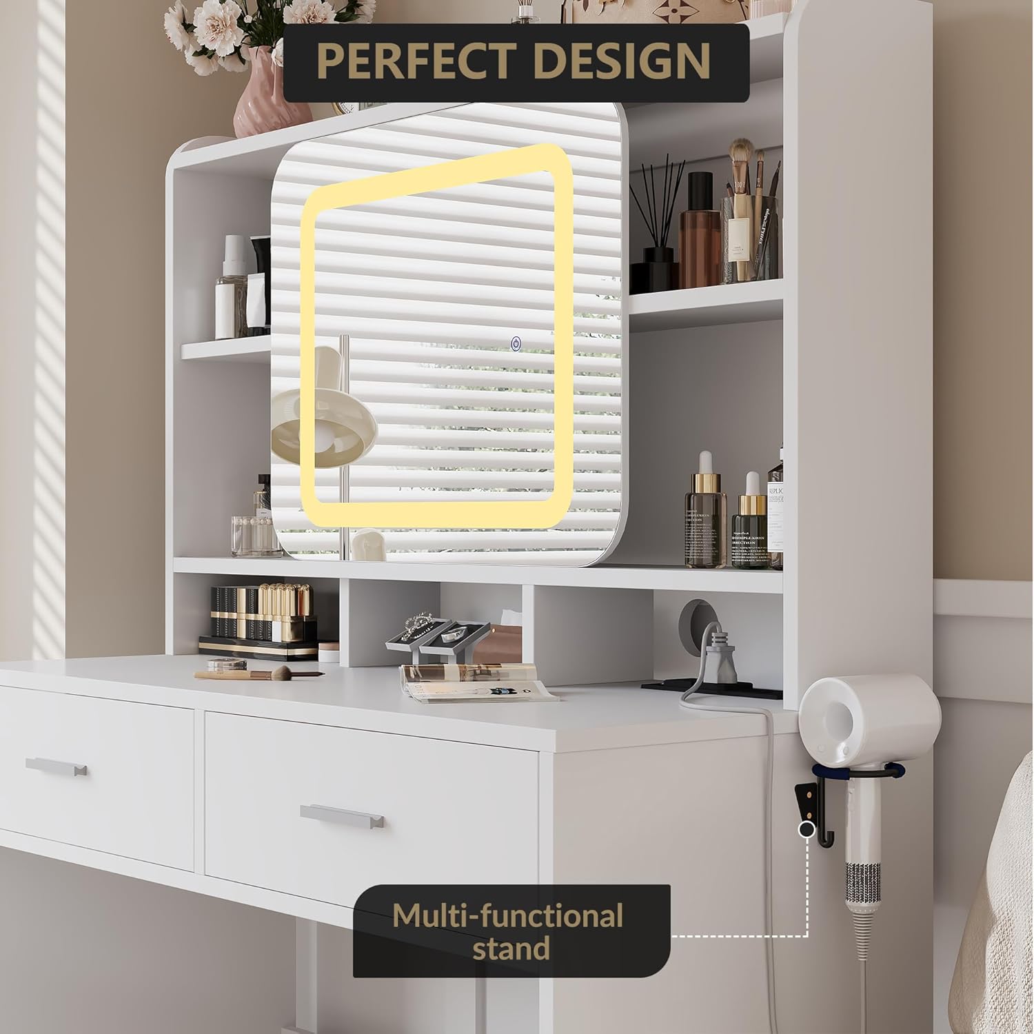 Garvee Vanity Sliding Desk and Stool with Mirror and Lights, Makeup Vanity with Charging Station, Drawers, Storage Shelves for Bedroom, White