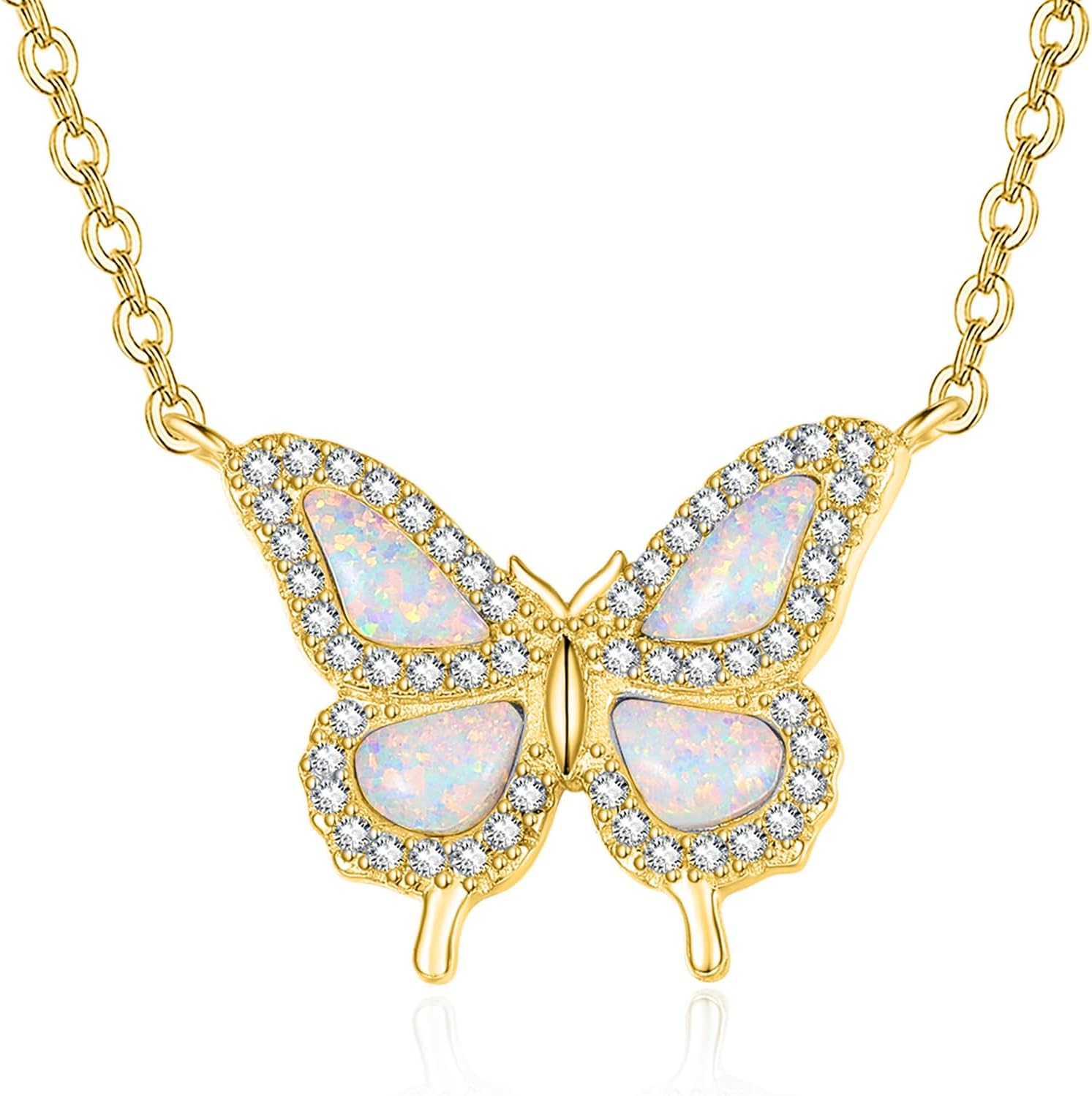 14K Gold Plated Butterfly Opal Necklace for Women and Gold Butterfly Necklace with Cubic Zirconia Pendant, Mothers Day Anniversary Birthday Jewelry Gifts for Wife Mom Her