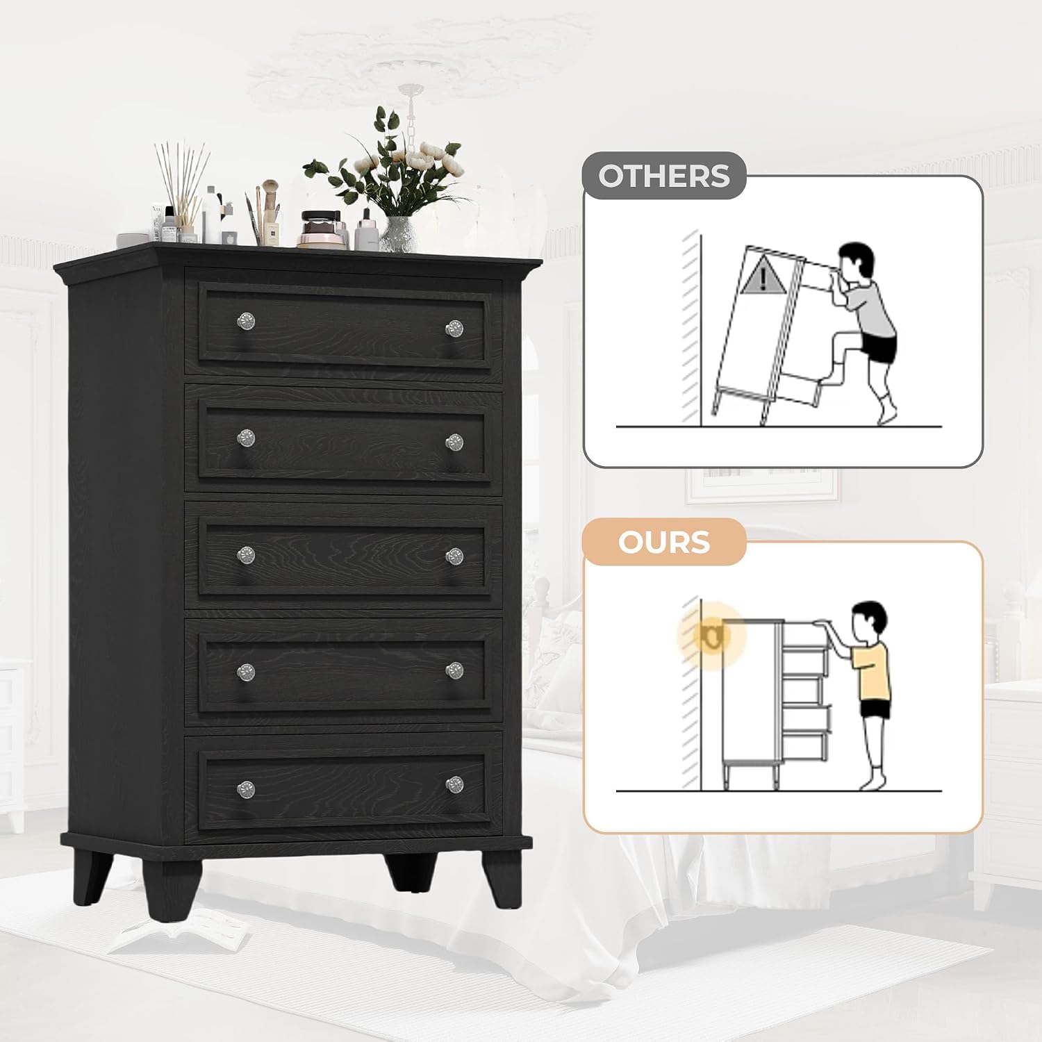 GarveeHome Black Dresser for Bedroom, 48 in Tall Dresser with 5 Drawers, Chest of Drawers with Storage, Vintage Wood Dressers for Closet, Living Room, Hallway