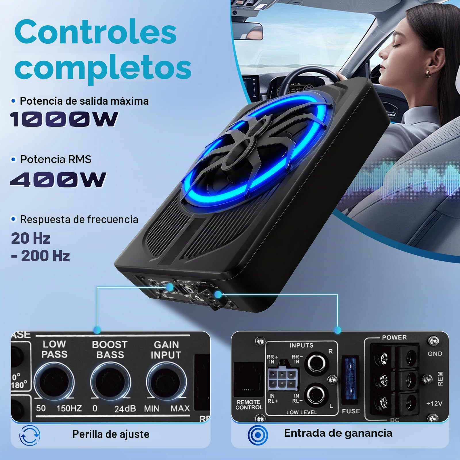 Hodozzy Subwoofer Activo Coche Ultrafino, 10 Pulgadas Subwoofer Autoamplificado Coche Debajo del Asiento con Amplificador, Entrada Bajo, Subwoofer Luz Ambiental Azul para SUV | Subwoofer Autoamplificado Coche Debajo del Asiento con Amplificador, Frecuenci