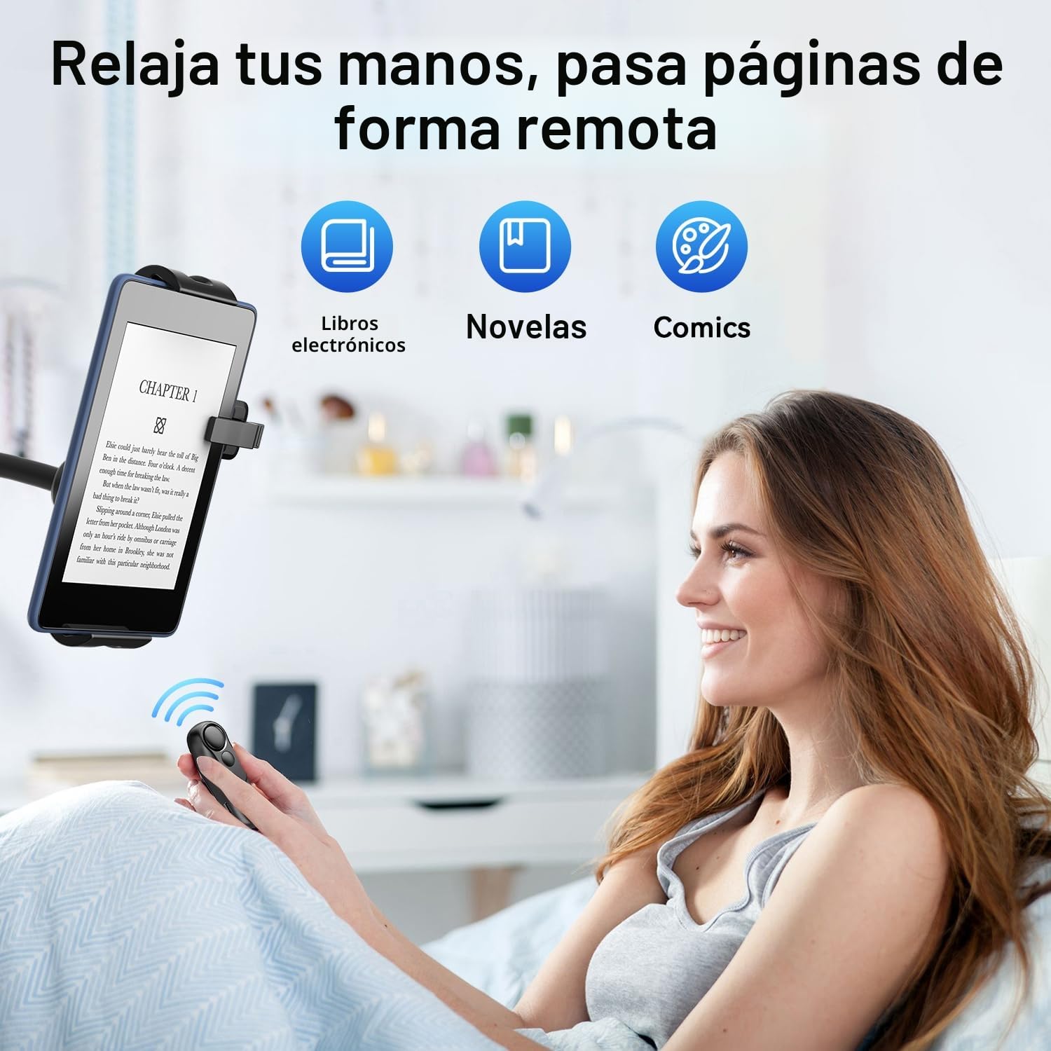Soporte para Kindles con Pasapáginas a Distancia (HKRC004) para Leer en la Cama, Soporte para Leer Libros Electrónicos, Mando a Distancia RF Universal, para Kindle/iPad/Tablets
