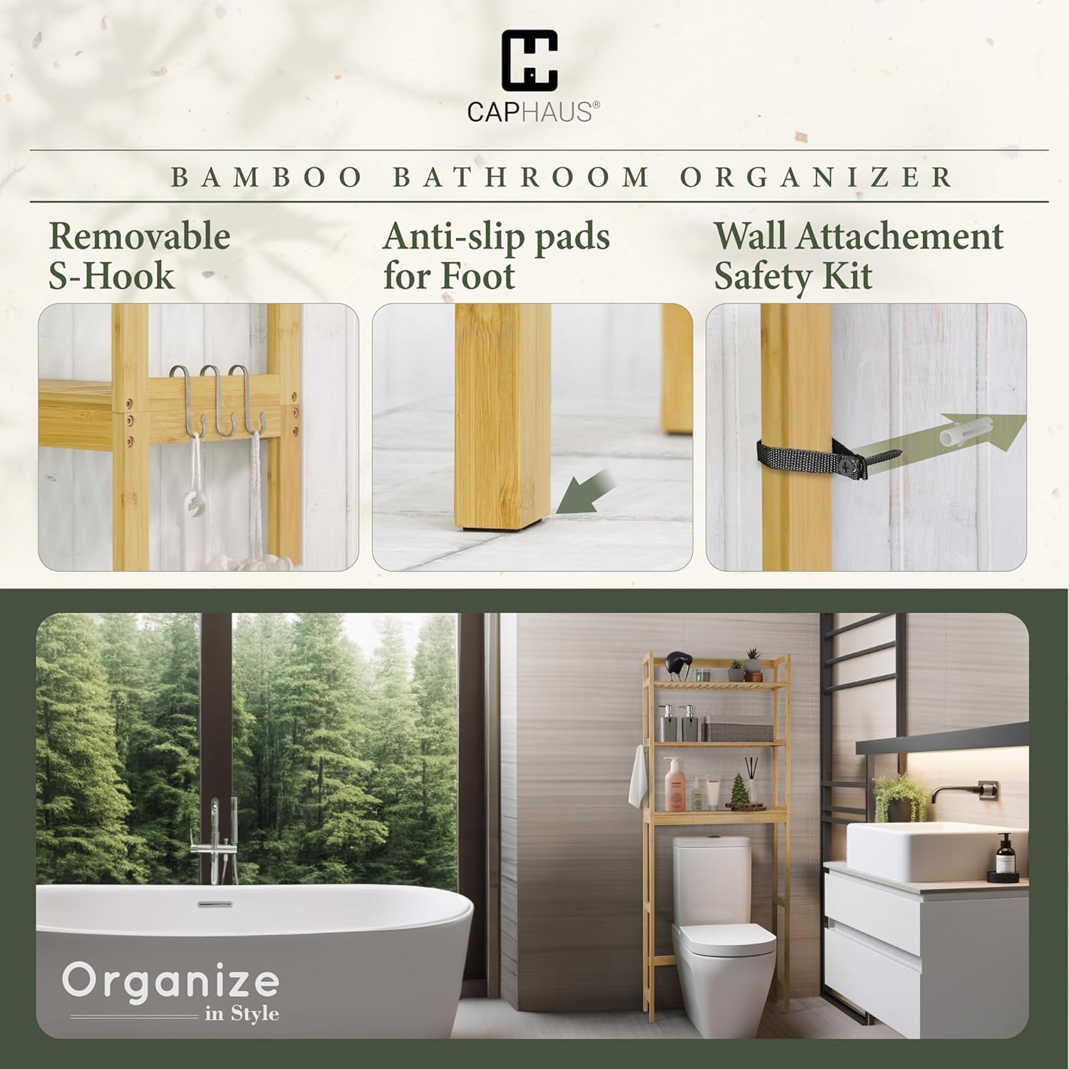 CAPHAUS Over The Toilet Storage Shelf,3-Tier Over-The-Toilet Shelf Rack with Adjustable Feet & Hooks, Freestanding Bamboo Toilet Shelf, Bathroom & Laundry Organizer, Balcony Plant Stand, Black