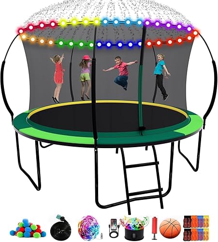 Yoluckea Tranpoline de 10, 12, 14, 16 pies con aspersor, luces, bola de agua, calcetines, tranpolina exterior de 1500 libras para niños y adultos,