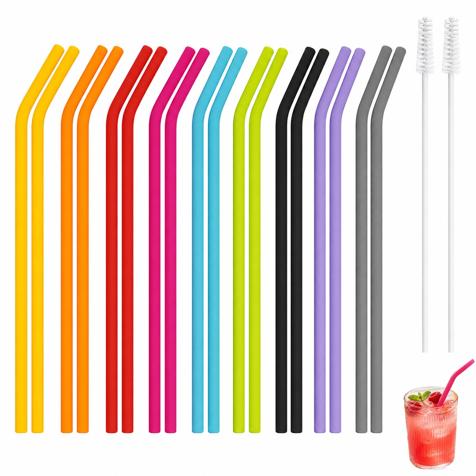 20 PCS Silicone Straws Reusable Set with Cleaning Brushs