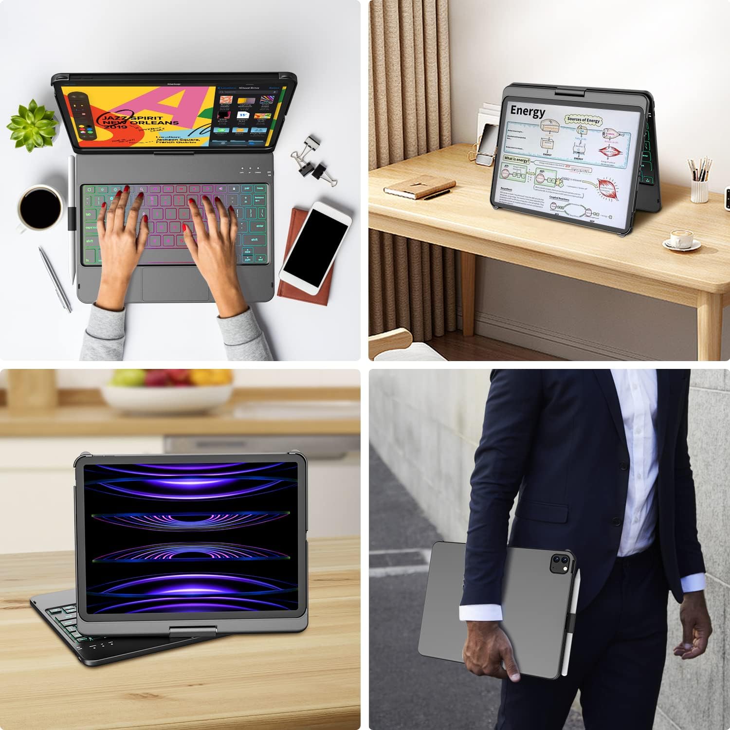 MMK for iPad 11 Pro Case with Keyboard | Compatible with iPad Air (4th, 5th Gen | M2, M3) & iPad Pro 11 inch (2018-2022, 1st-4th) | 10 Color Backlight & 360 Rotation with Multi-Touch Trackpad-Black