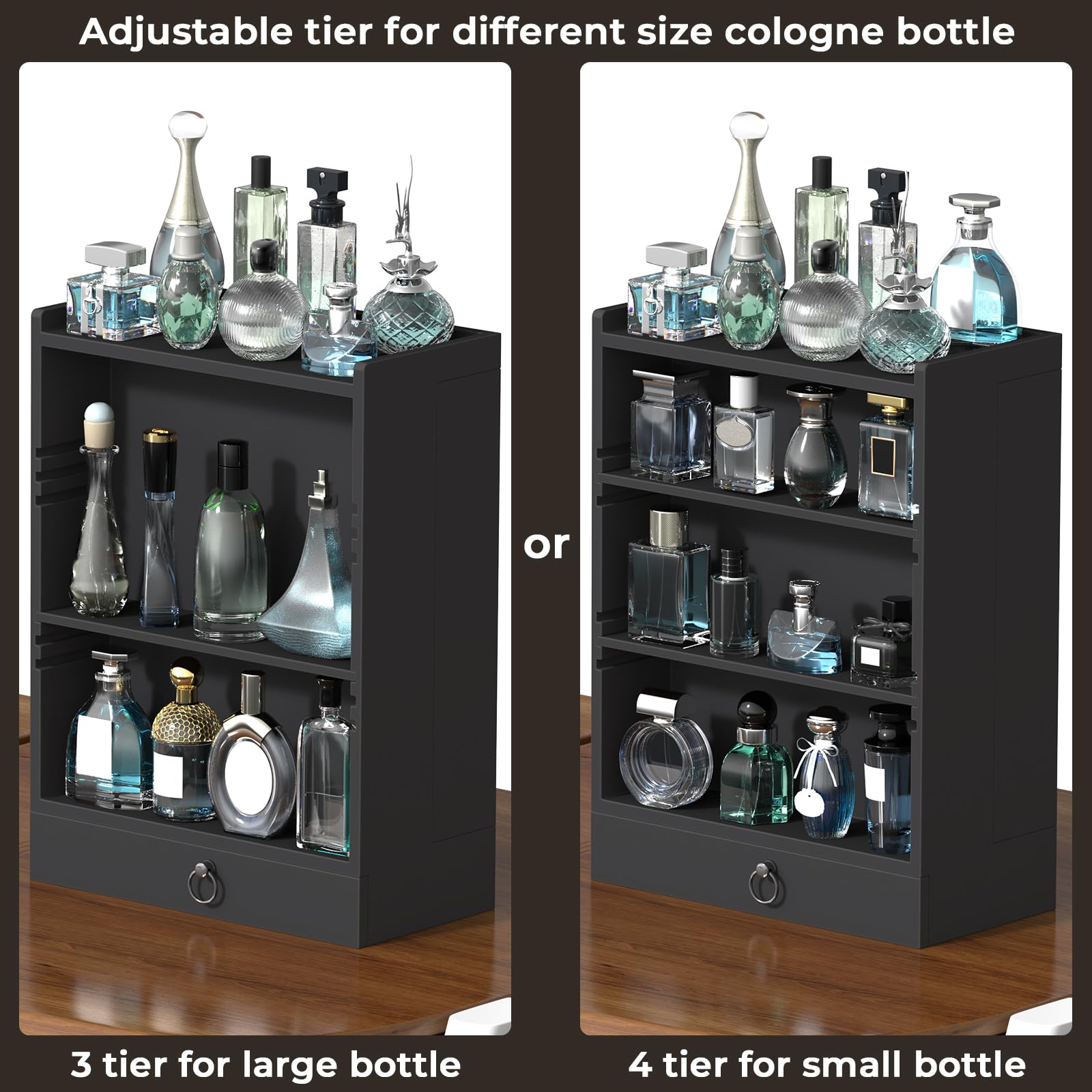 Wooden Cologne Organizer for Men Sliding 4 Tiers of Standing Perfume Display Stand with Side & Under Double Drawers Larger Storage Black Perfume Organizer Display Shelf Holder,Gift for Man