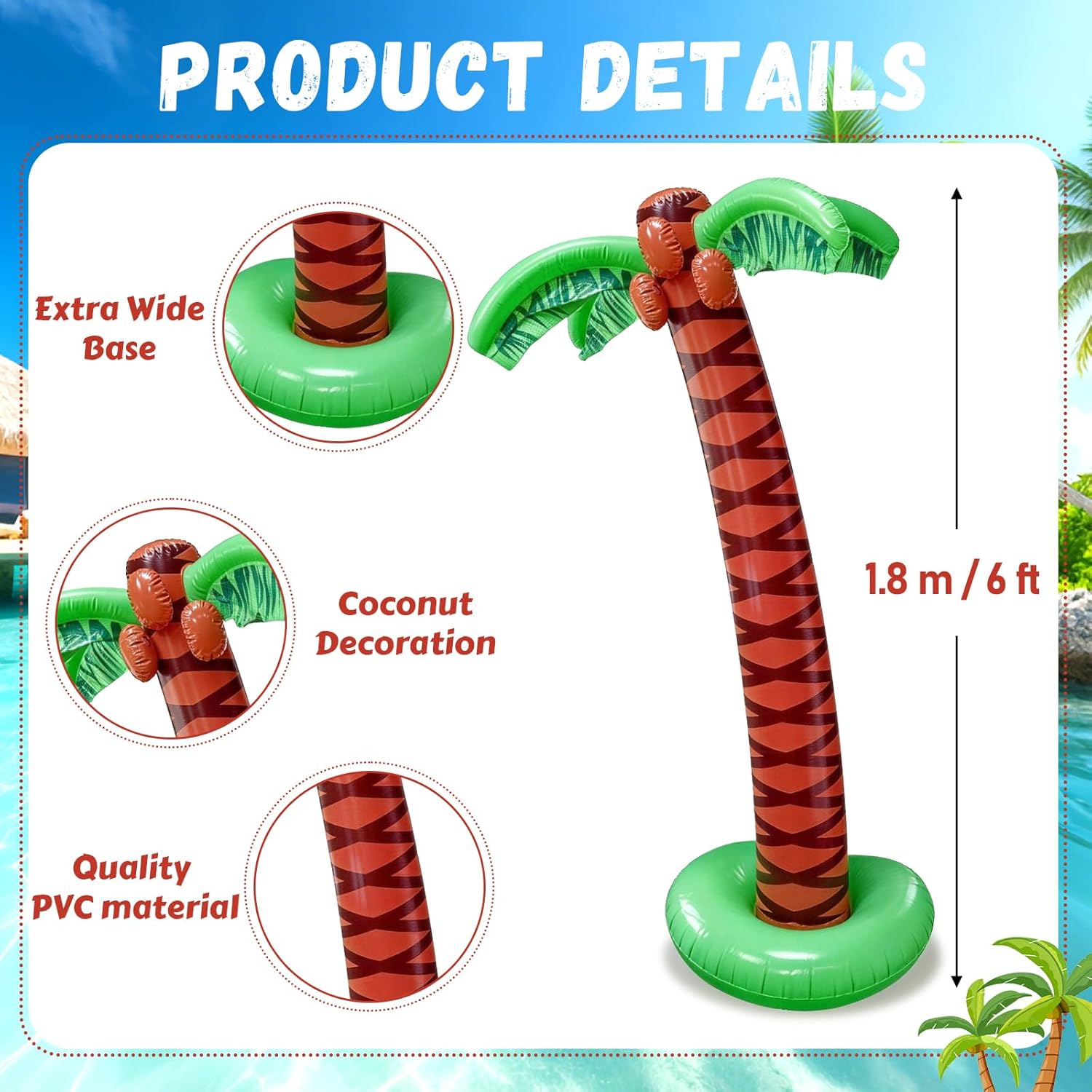 6 Pack Giant Inflatable Palm Tree 6 Ft Jumbo Blow Up Coconut Trees Luau Hawaiian Tropical Party Decorations Easy Inflation for Summer Beach Pool Birthday Party Supplies Indoor Outdoor Photo Props