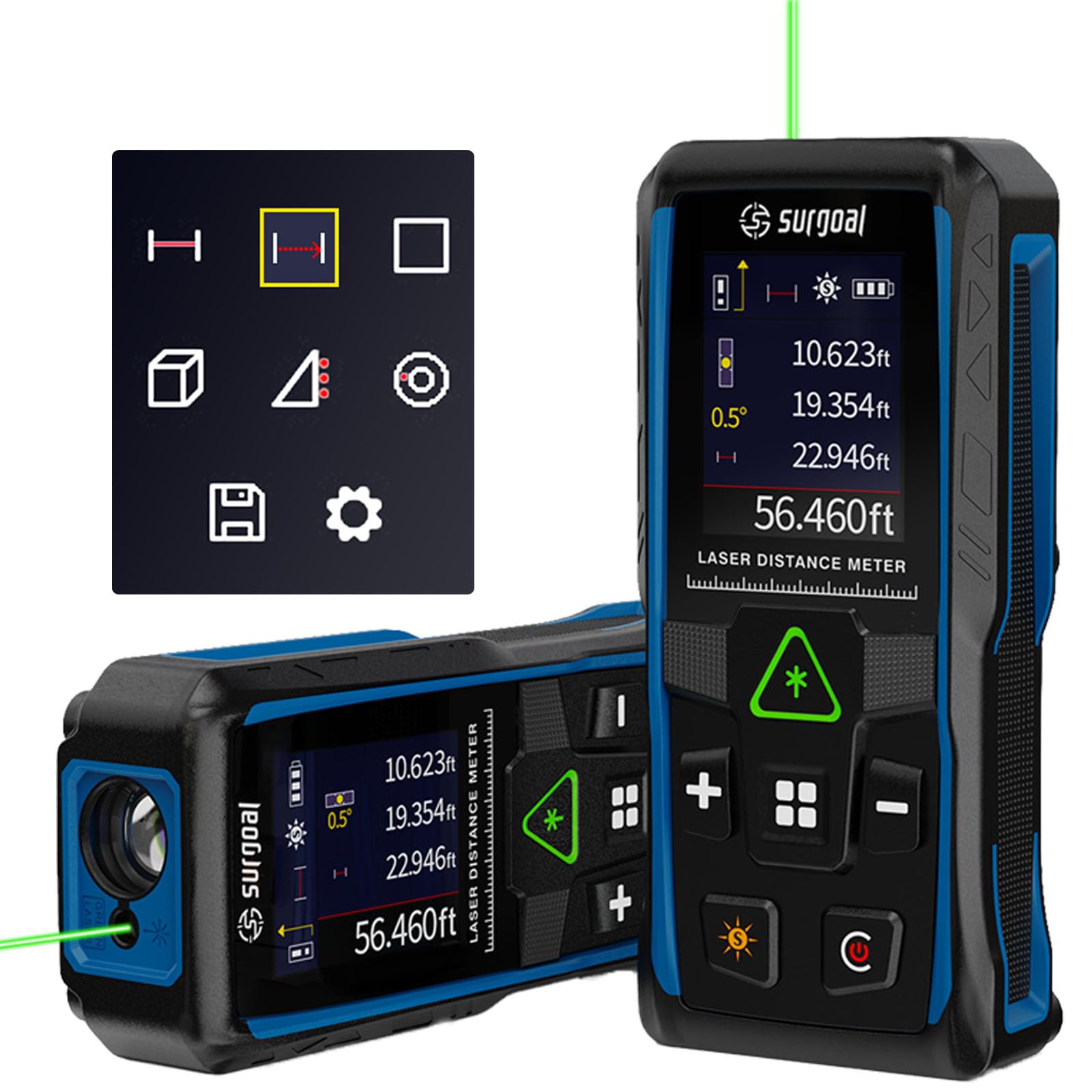 328Ft Green Laser Distance Meter – Digital Laser Measure with Angle Sensor, 4-Way Rotating Backlit LCD, Pythagorean Mode, Unit Switch, ±3mm Accuracy, Handheld Measuring Tool