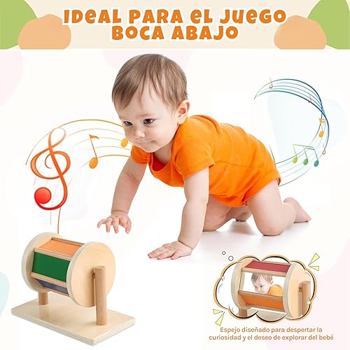 Vista 9 de Kit de Juguetes Montessori para Bebés - Espejo Montessori, Peekaboo, Rompecabezas con Asas, Tambor Giratorio Mediano - Para Niños de 6-12 Meses