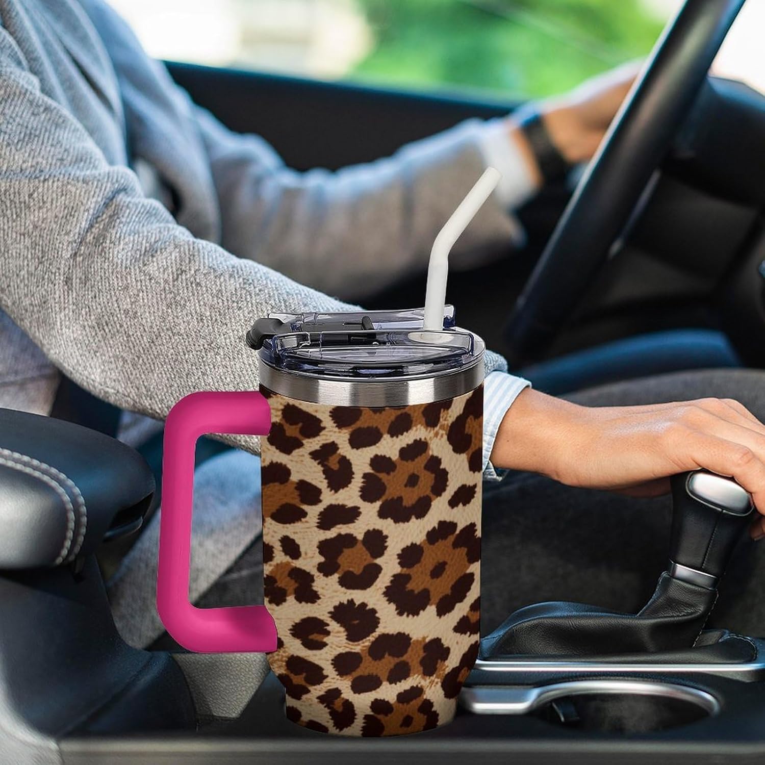 40 Oz Insulated Mug with Handle Lid And Straw Retro Brown Leopard Print Pattern Large Metal Sports Bottle Great for Gifts Parties Office Coffee