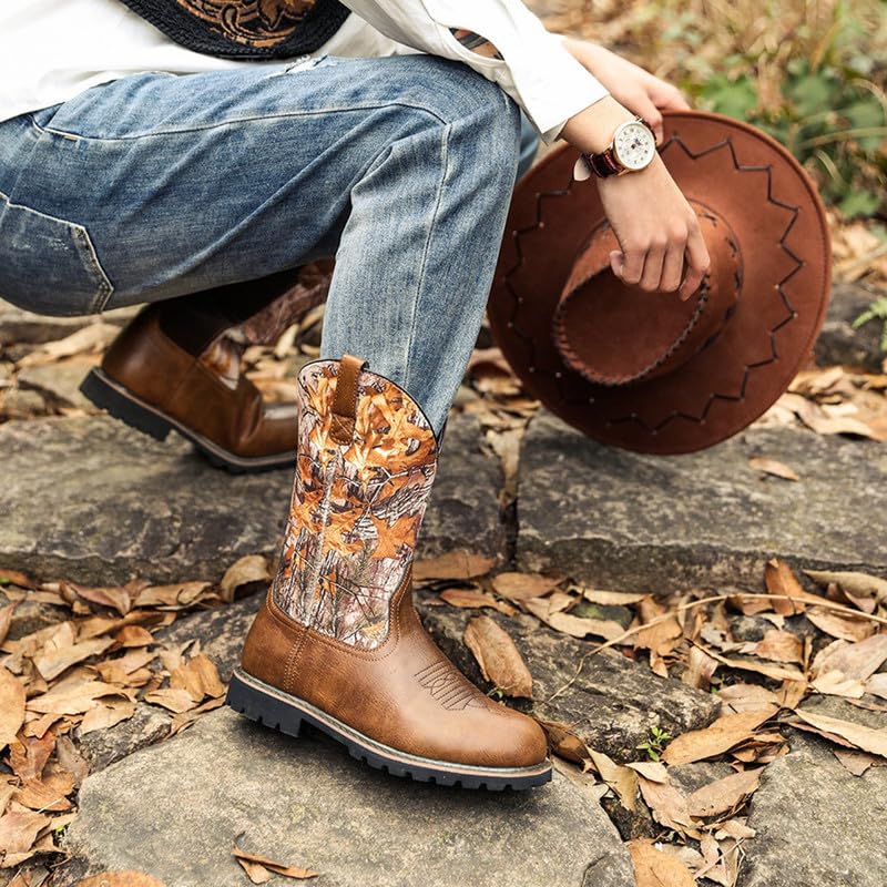 Men's Cowboy Boots With Square Toe Casual Chunky Heel Wide Country Boot Pull-on Boots Old West Style3