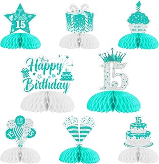 Cheereveal 8pcs 15th Birthday Honeycomb Centerpieces, Happy 15th Birthday Table Decorations Teal Blue and Silver, Hello Fifteen Topper Sign, 15 Years Old Party Supplies for Girls