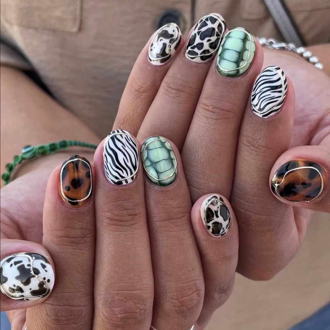 Short Oval Press on Nails - Western Fake Nails with Zebra Leopard Turtoise Cow Print Designs, Fun Animal Reusable Stick on False Nails with Glue Tabs for Women 24PCS