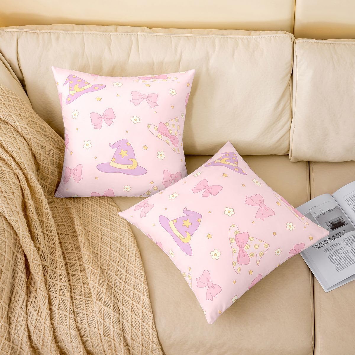 Feelyou Halloween Throw Pillow Covers Set of 2 Bowknot & Witch Hat Cushion Covers Pink Pillow Case for Couch Sofa Cushion Case Kids Boys Girls Bedroom Decor 24 x 24-Inch image 2