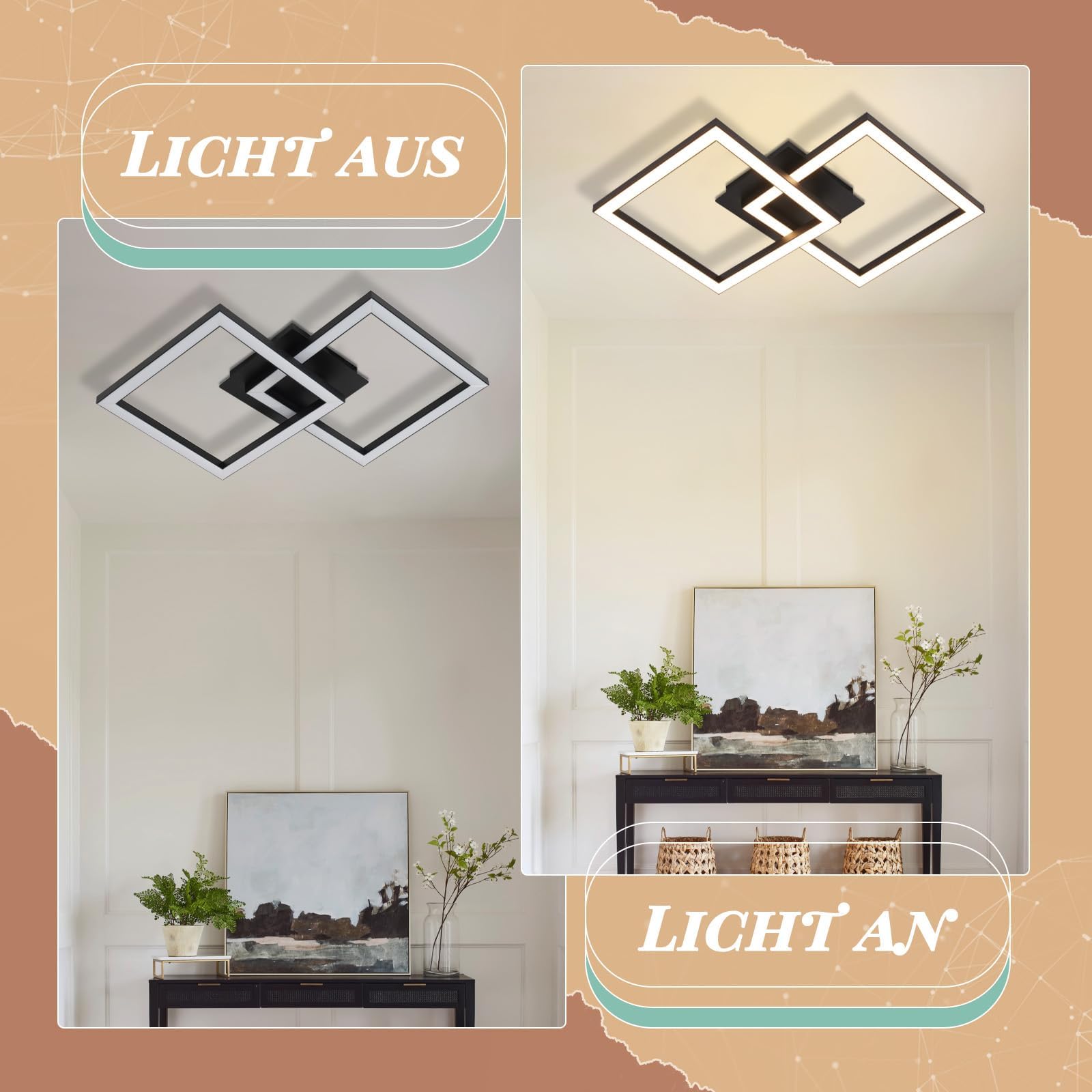 Homefire lampara de techo LED para cocina 24W negra 2ER | lamparas techo salon diseño moderno plafon led techo cocina 3000K lampara techo dormitorio angular para pasillo habitacion