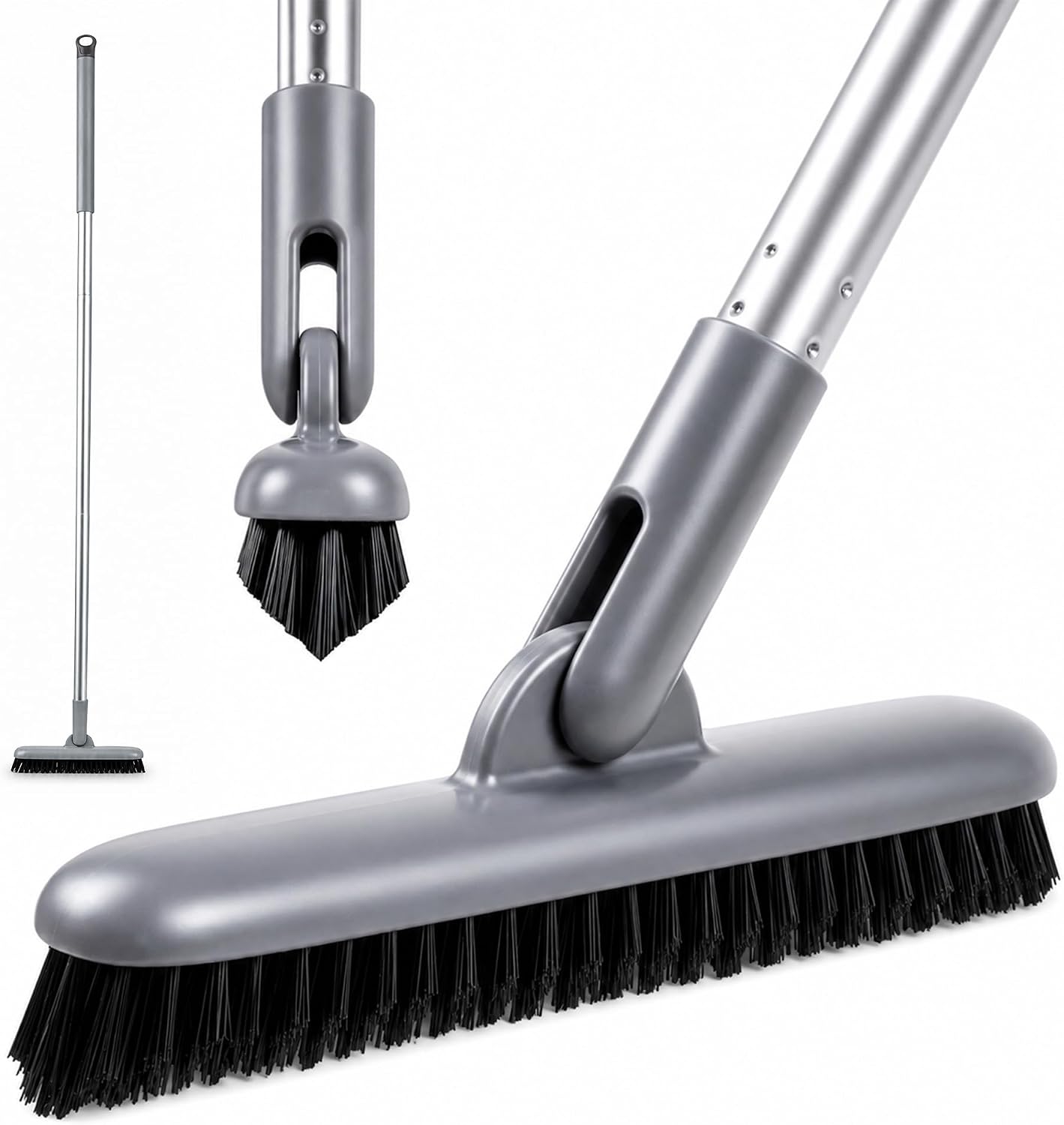 DSV Standard Grout Scrub Brush with Long Handle, 50'' Tile Grout Scrubber, V-Shape Crevice Cleaning Brush for Hard to Reach Areas, 180° Rotation Grout Cleaner for Tile Floors, Baseboards and Corners