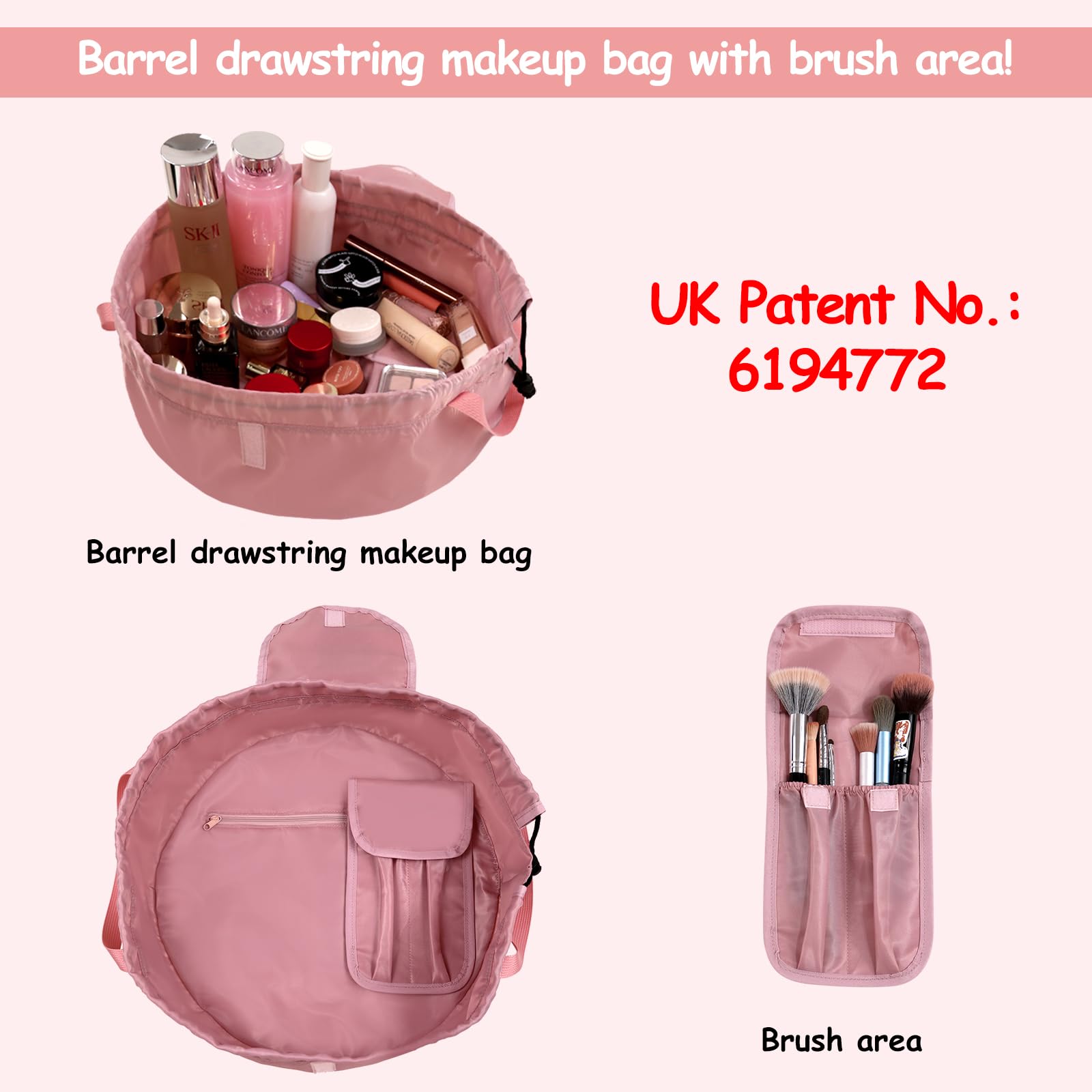Drawstring Cosmetic Bag for Women - Barrel Drawstring Makeup Bag Lay Flat for Travel Toiletry Bag with Brush Bag (Pink) - Image 2