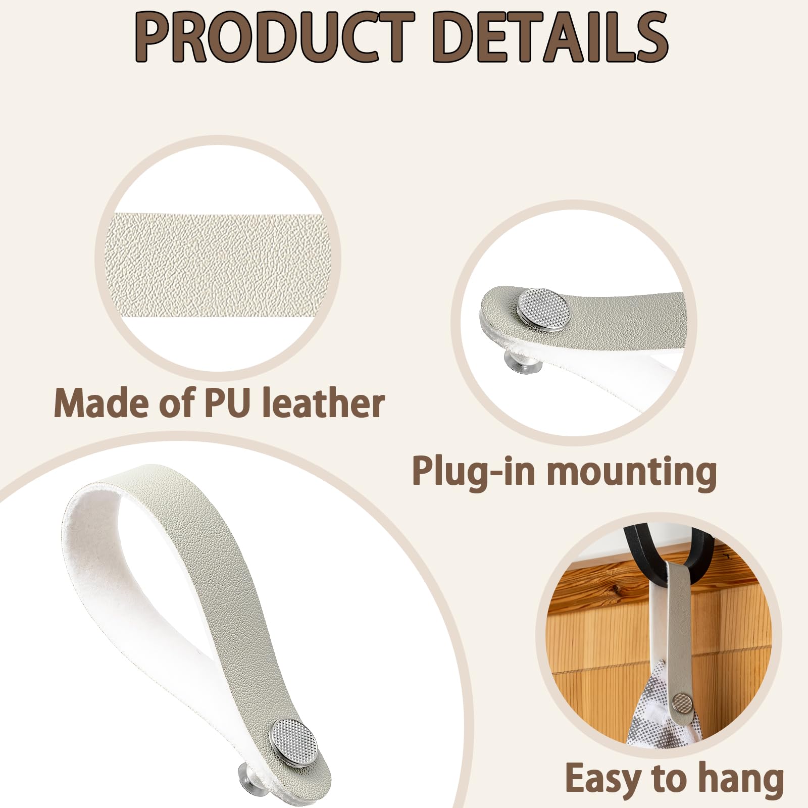 8 Pezzi Ganci per Tessuti Senza Cuciture Appendi Strofinacci Cucina 15 * 1.2cm Pelle PU con Chiusura a Bottone Ganci per Asciugamani per Asciugamani,Bagno,Stracci,Decorazione,Campeggio(Beige)