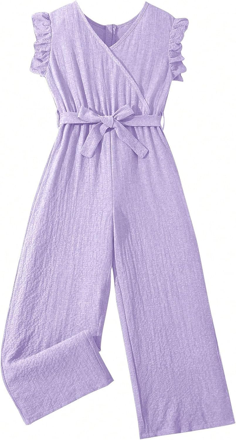 WDIRARA Girl's Ruffle Trim Wrap V Neck Cap Sleeve Cute Jumpsuit Belted Wide Leg Pants