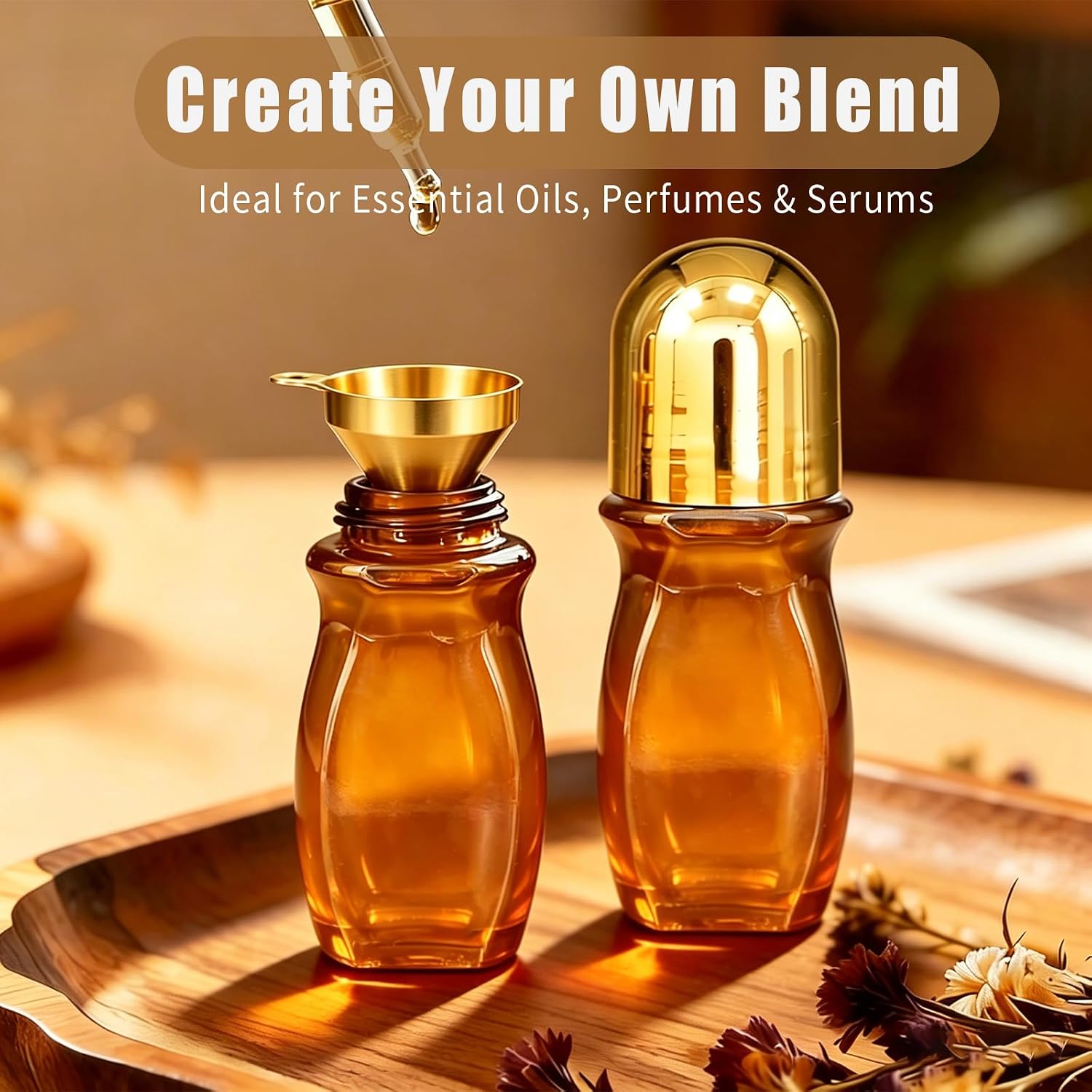 Rose Quartz Roller Bottles for Essential Oils, 50ml Refillable Waist Amber Glass Roll On Bottles with Natural Crystal Roller Balls, Leak-Proof Travel Perfume Bottle with Gold Caps