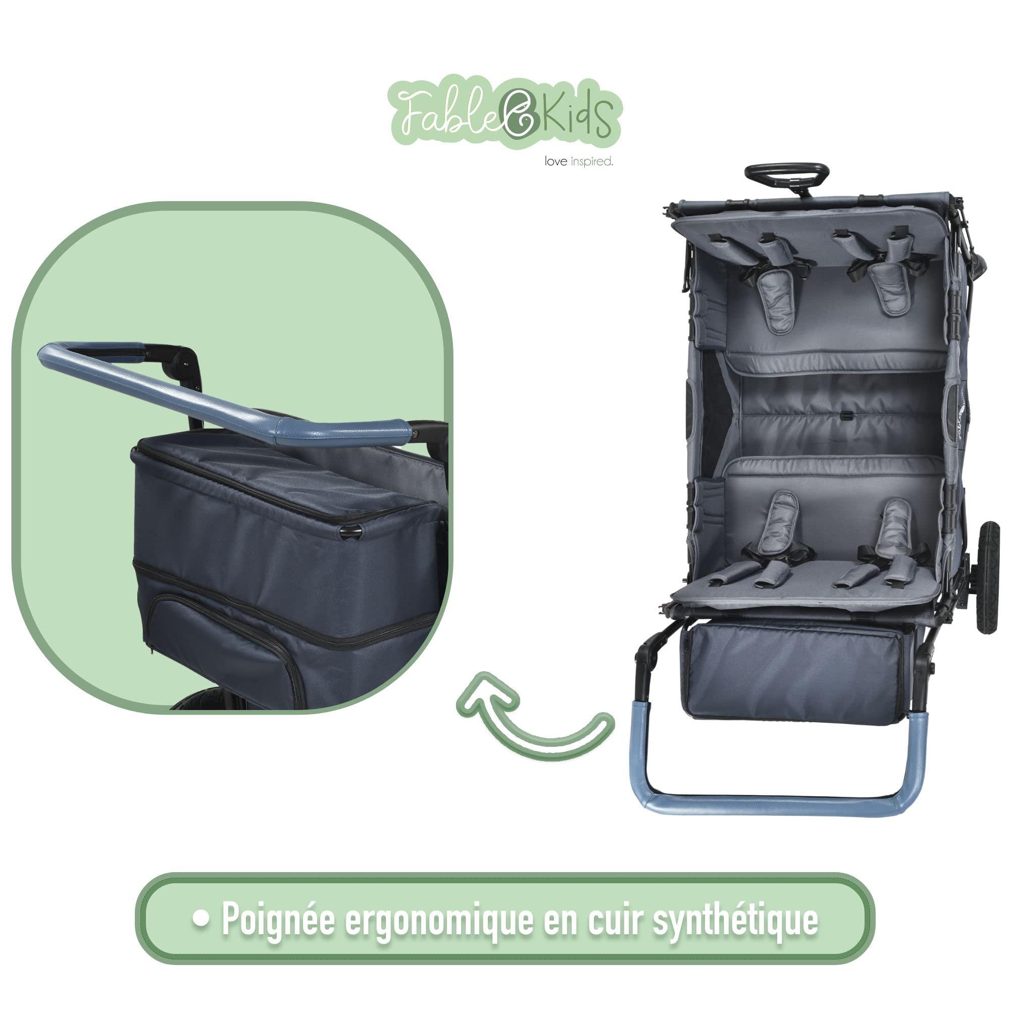 FableKids Chariot à pédales Leo X4Plus avec Toit | Chariot de Transport Pliable | 4X Harnais à 5 Points | Roues Tout Terrain 360° | Frein à Pied | Oxford 600D| Filets d'aération | Blueberry Blue